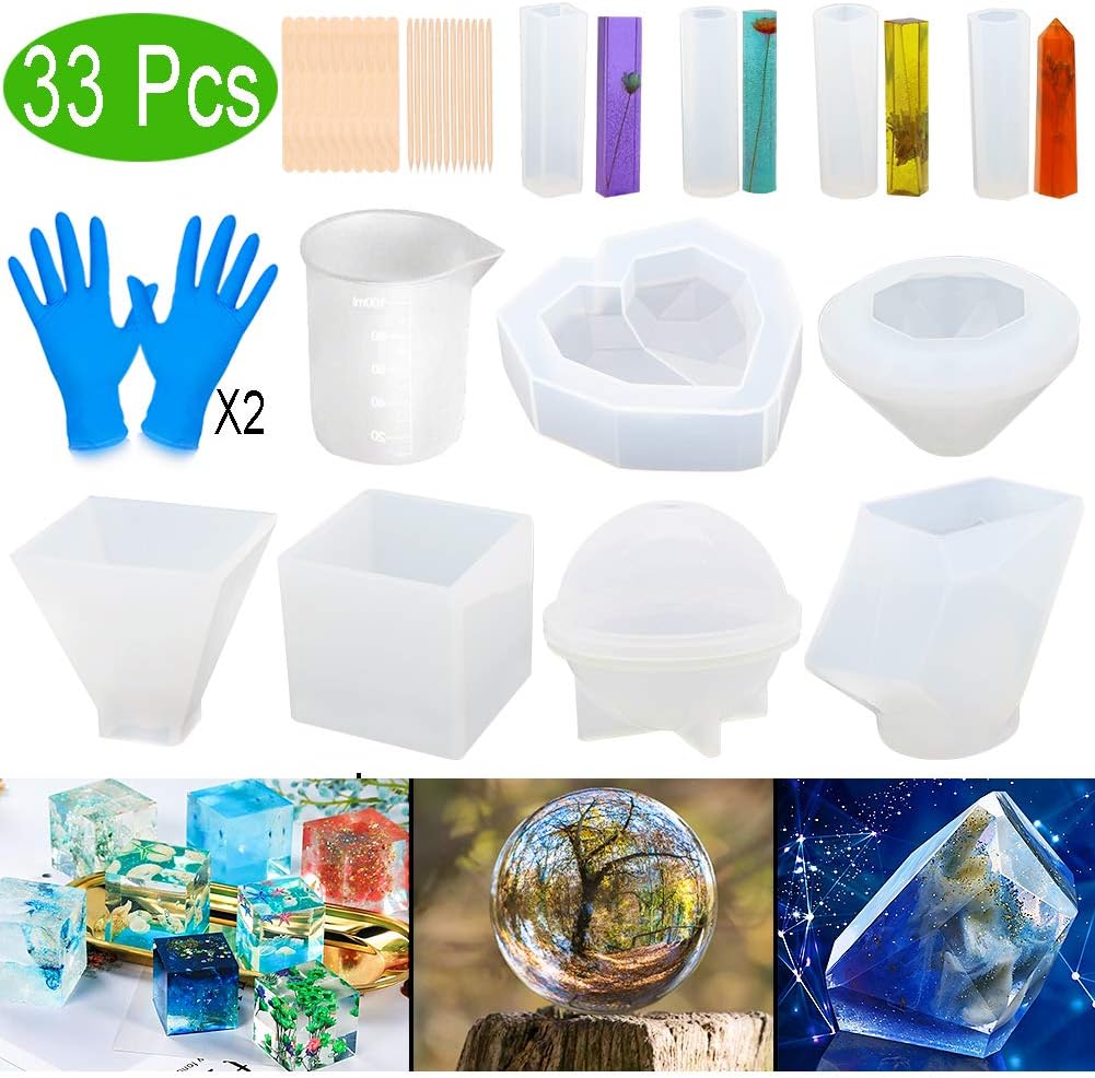 Resin Molds, ZALALOVA 33Pcs Silicone Molds for Resin Large Clear DIY Epoxy Resin Molds Include Cube Pyramid Sphere Diamond Stone Love Resin Casting Molds w/Pendants Measuring Cup Wood Sticks Gloves