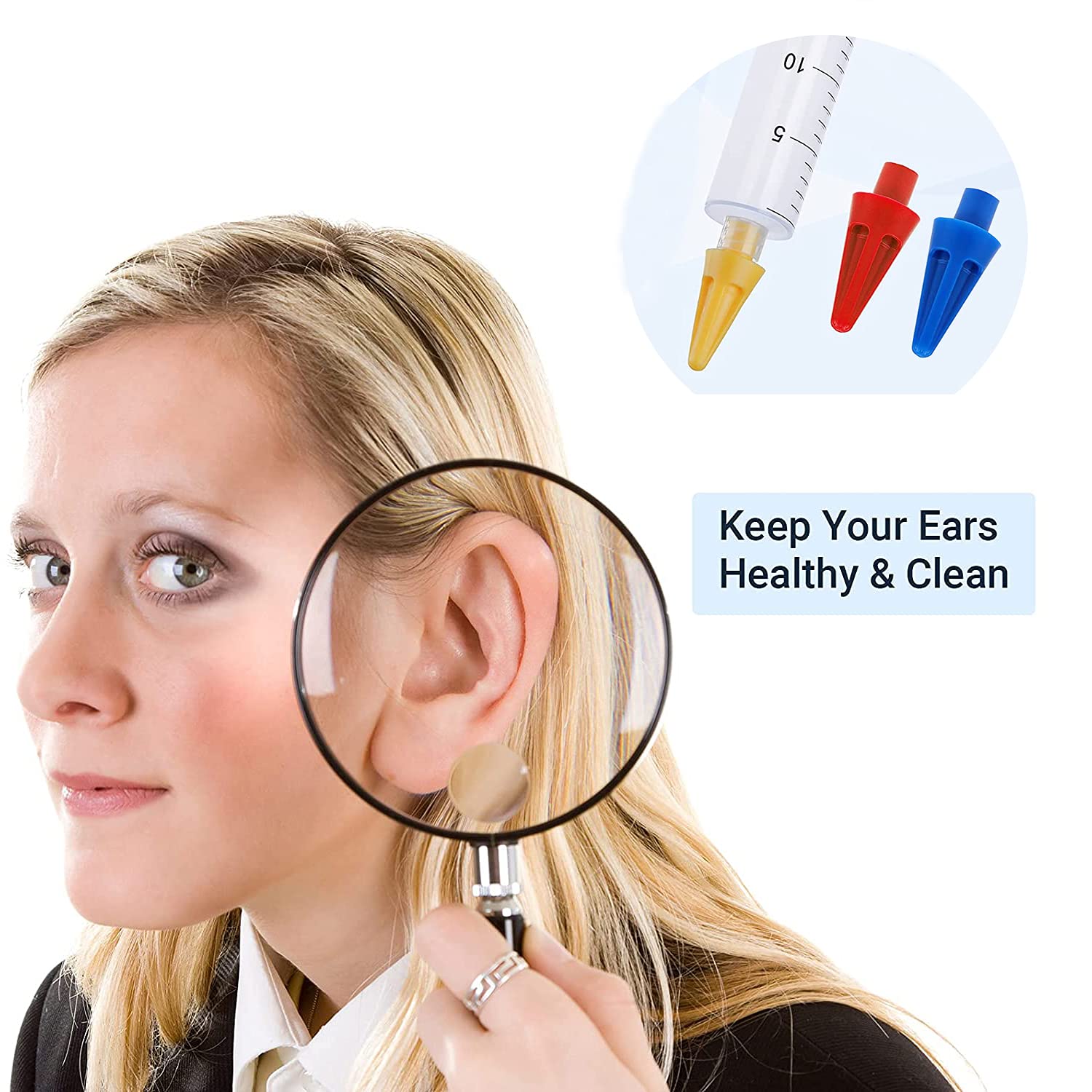 Pulitore Orecchie con 4 Punte a Getto Quintupla, Kit Siringa Pulisci Orecchie, Pulitore Intelligente per le Orecchie per Rimuovere il Cerume Facile da pulire per Bambini e Adulti