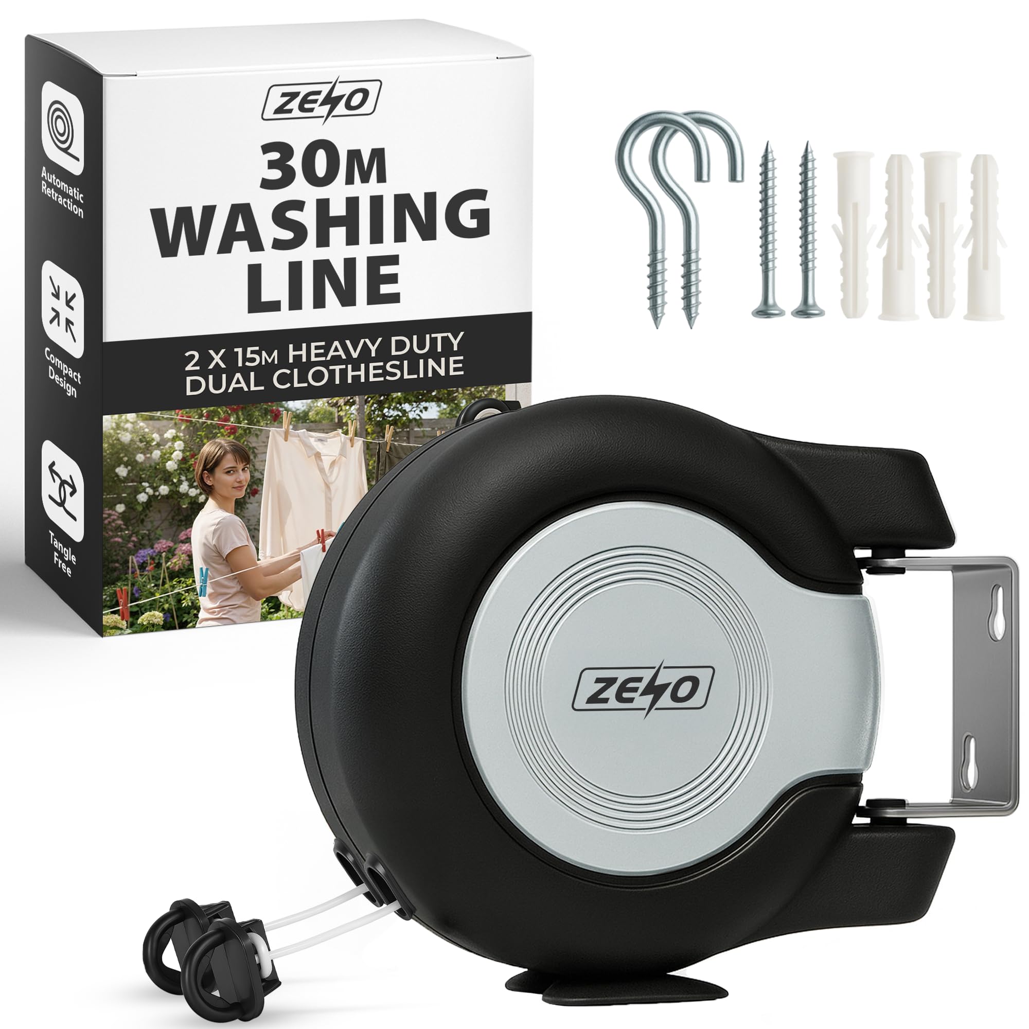 Zeno Black & Grey Retractable Washing Line 30M | Heavy Duty Dual Clothes Line With Automatic Retraction | Wall Mounted Laundry Airer For Indoor And Outdoor Use | Space Saving Design | 2X15m Long Line | Grey