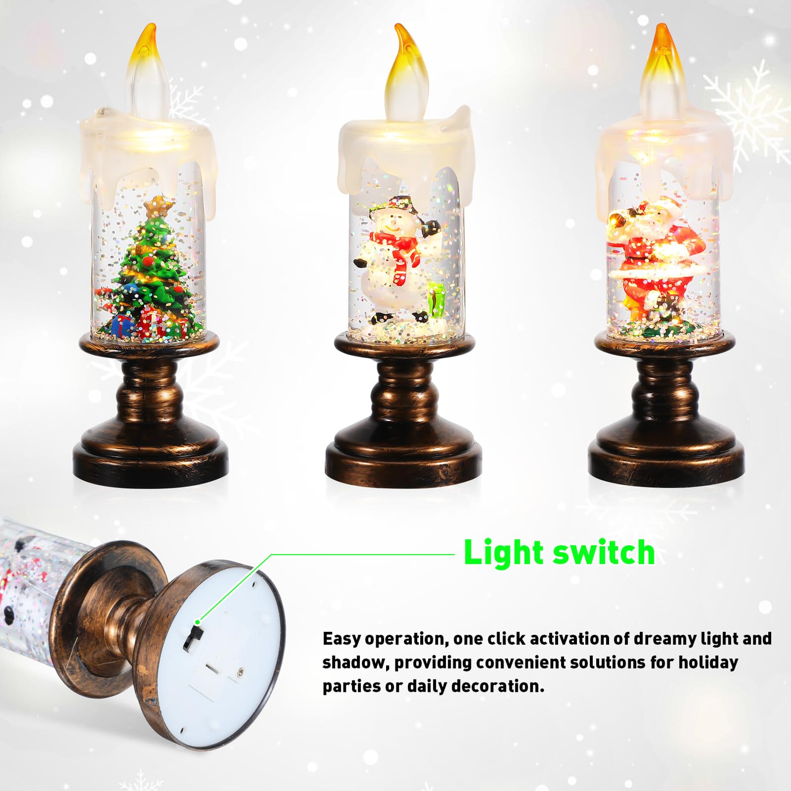 3pezzi Globi di Neve Luminosi Natalizi Candele per Finestre Fiamma LED Realistica Scintillanti Decorazioni Luminose per Centrotavola di Festa per Casa
