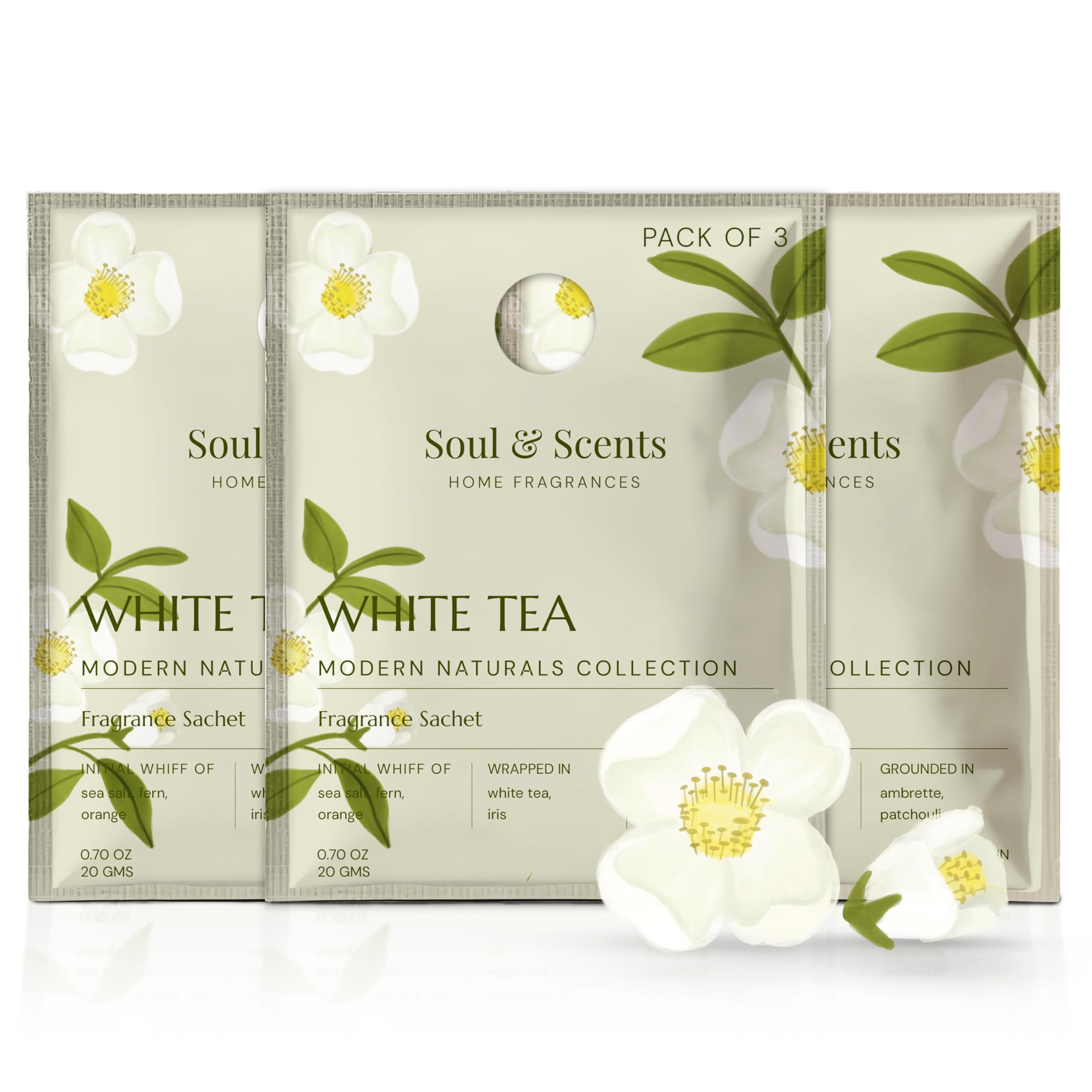 Soul & Scents White Tea Fragrance Sachet | Refreshing Aroma of White Florals & Sea Breeze | Long-Lasting Air Freshener for Car, Wardrobe, Kitchen, and Travel Bag | Pack of 3-20gm Each-image-31