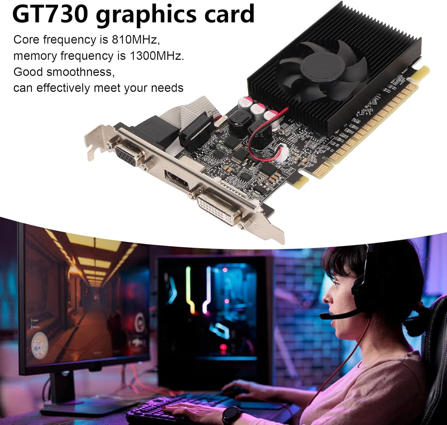 VBESTLIFE GT730 2GB Graphics Card, GDDR3, 64 Bit, PCI Express 2.0 x16, 810/1300MHz, 2560x1600, Gaming Video Card with, DVI I and Ports (GT730 2GB GDDR3)
