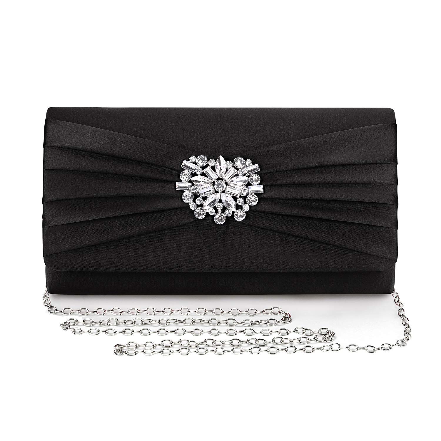 Mulian LilY Evening Bags For Women Pleated Satin Rhinestone Brooch Prom Clutch Purse With Detachable Chain Strap, Black