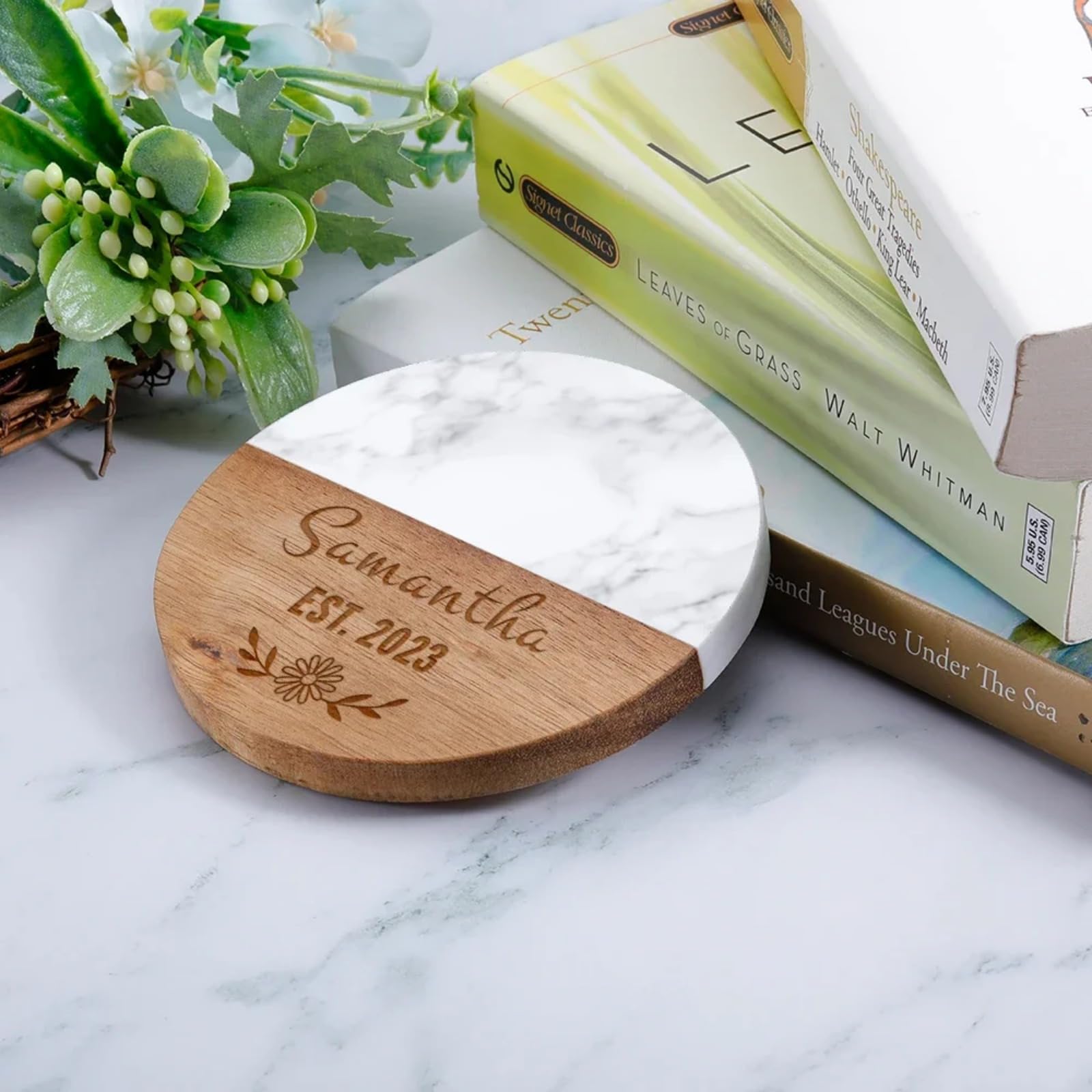 Posavasos personalizados, mármol y madera, posavasos con grabado de nombre personalizado con logotipo, regalo de boda, para parejas, posavasos Ar para bebidas, tazas, té, café, decoraciones de mesa (8