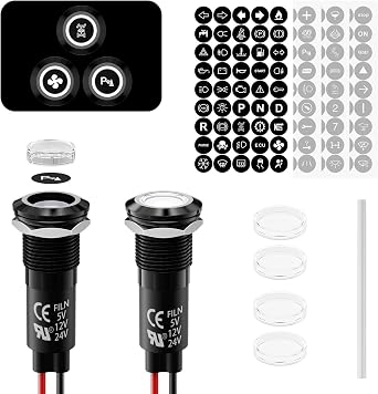 2pcs 12mm Metal LED Indicator Light, 12-24V DC IP67 Waterproof Signal Lamp 180 Interchangeable Symbols Dashboard Warning Light for Automotive, Marine Industrial Use White Lamp Die-Cast  [Energy Class G]