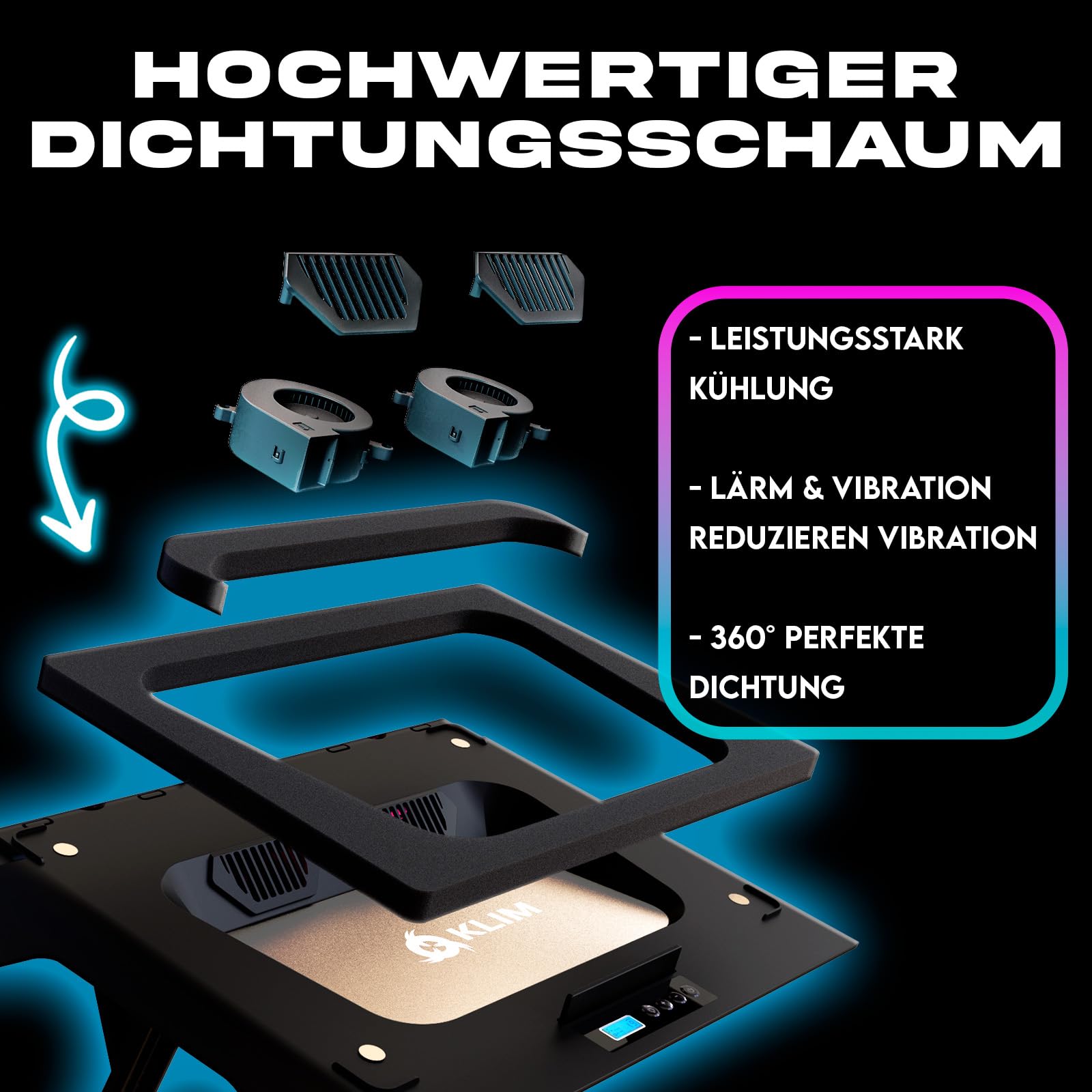 KLIM Everest Laptop Cooling Pad | Leistungsstarker Turbo-Lüfter 4300 RPM Laptop-Kühler | Versiegelter Schaumstoff für maximale Leistung | Vermeide Überhitzung | 14-17.3 Zoll