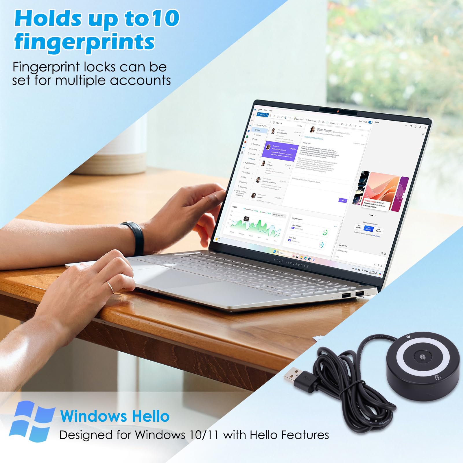 Computer USB Fingerabdruck Logger, mit farbwechselnden Lichtern, Kapazitive Fingerabdruck-Erkennungssoftware-Sperre mit farbwechselnden Lichtern beim Einschalten, kompatibel mit Windows 10/11