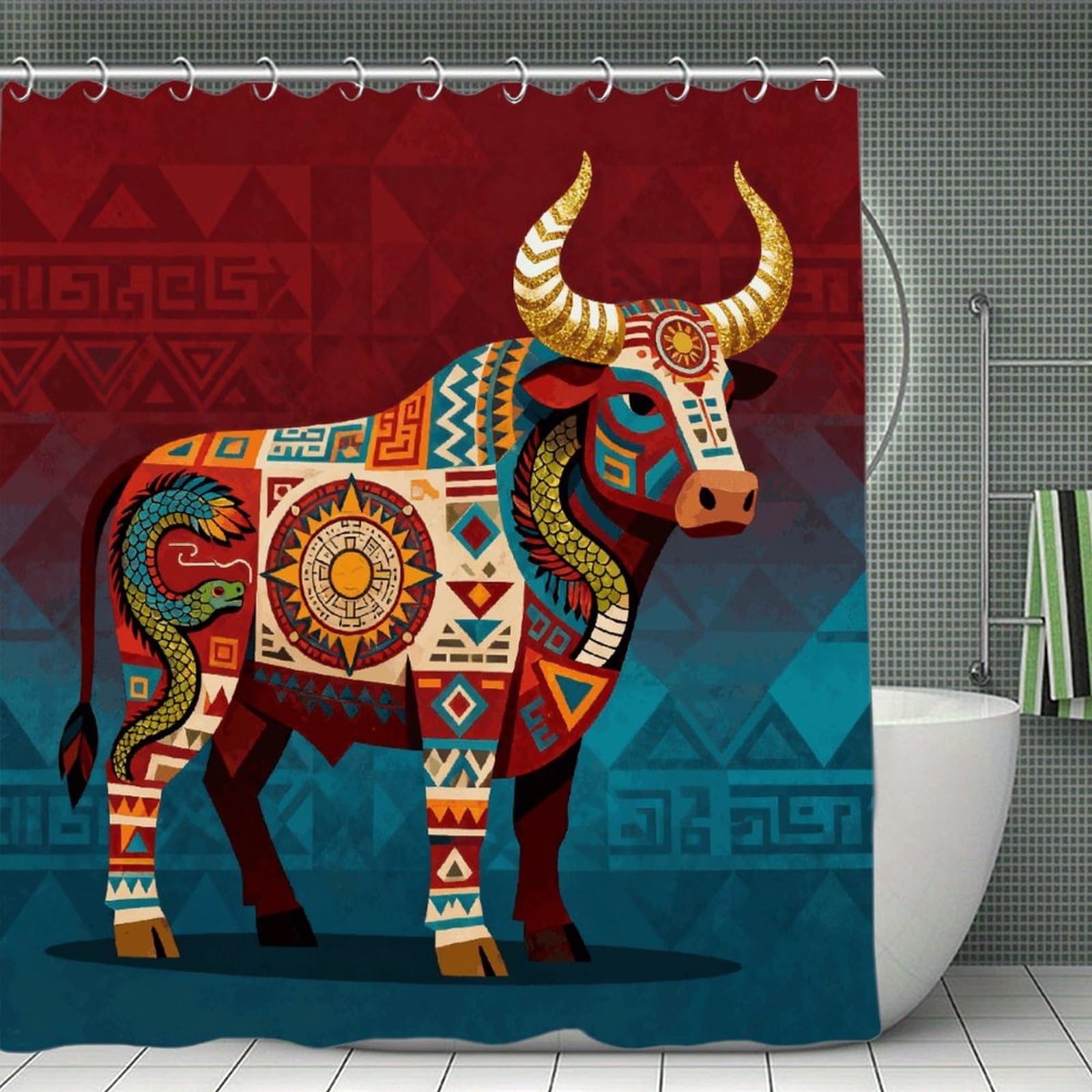 VstaDank Aztec Cow Shower Curtain Light-Weight Blackout Bathroom Curtain Washable Shower Liner 71x71 Inch Bath Curtain with Metal Holes Bathtub Bath Room