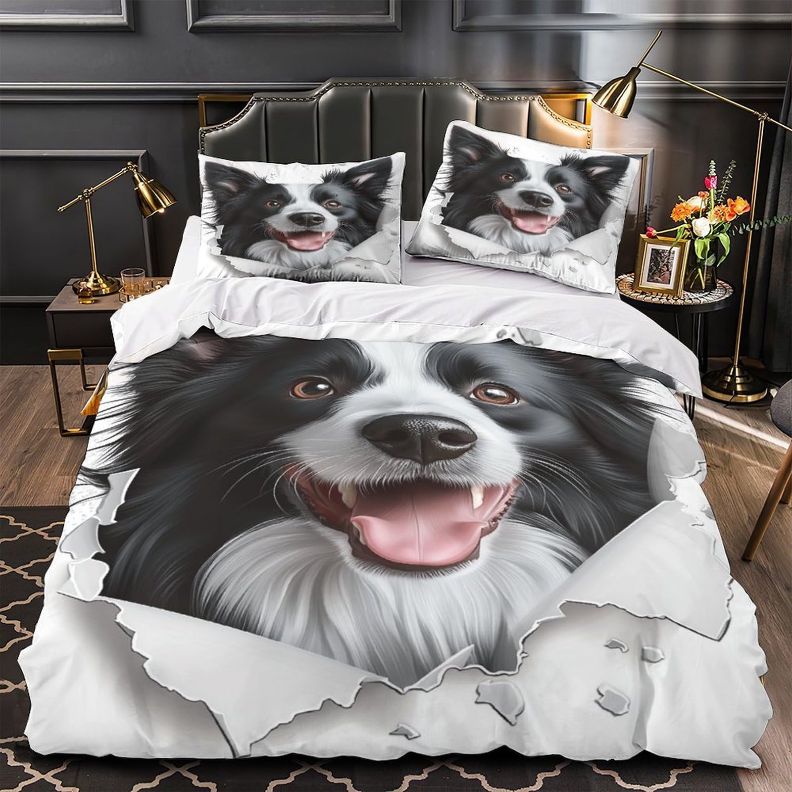 Housse de couette chien 3D éclair fermeture éclair lit double 200x200