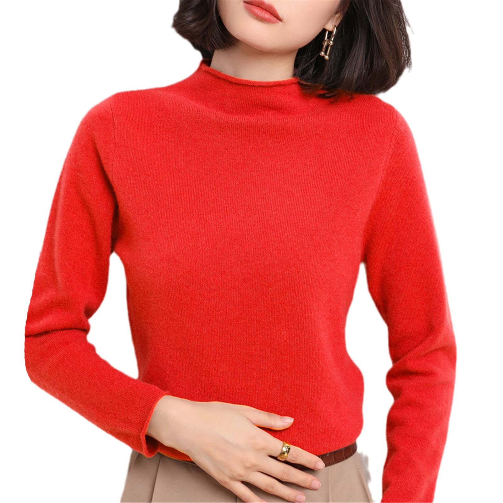 Kelsiop Pull en cachemire pour femme - Col roulé - 100 % laine - Haut tricoté - Grande taille, Rouge, L