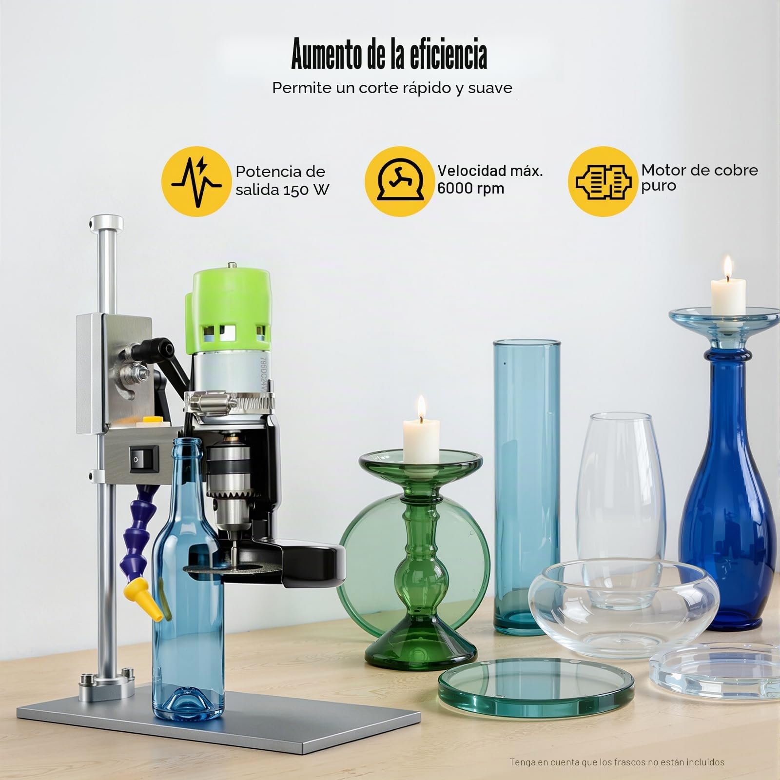 SHZICMY Cortador de botellas de vidrio eléctrico, cortador de vidrio de 150 W, velocidad ajustable, 2000-6000 r/min, juego de cortador de botellas para botellas de vino, vidrio de mar, artesanías,