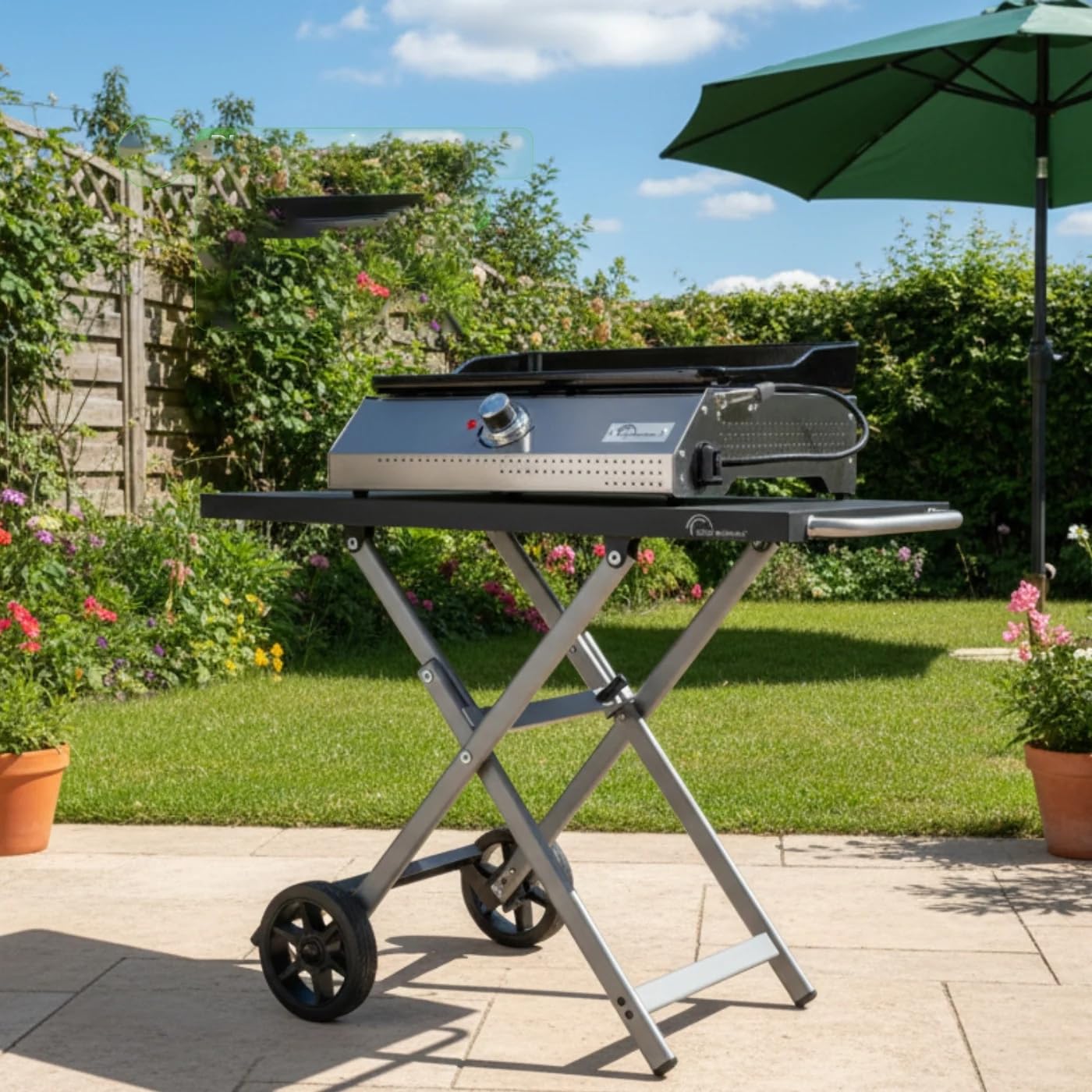 Little Balance 3047 Easy Trolley, Chariot Pliable pour Plancha Barbecue, Desserte à roulettes, 2 Roues Jardin, Jardin, Terrasse, Camping, Extérieur et Intérieur, 3 Crochets INOX, Acier Inoxydable