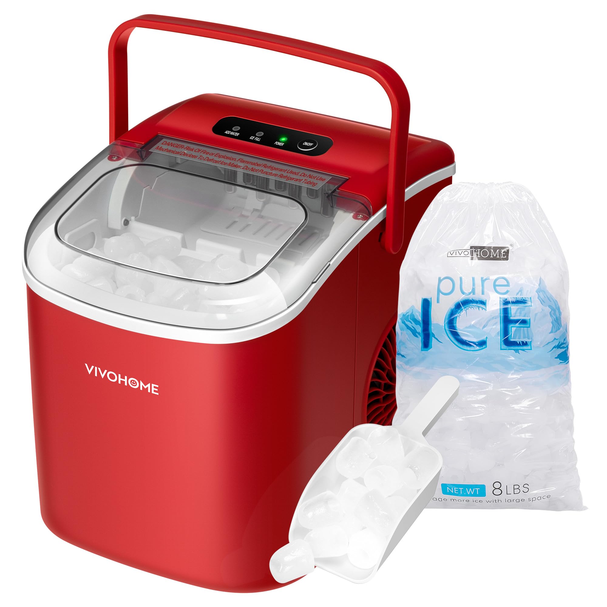VIVOHOME Countertop Ice Maker with Handle 26lbs/Day 9 Ice Cubes in 6 Mins Portable Ice Maker Machine 10 Ice Bags and Self Cleaning Ice Cube Maker Red | Fridge.com