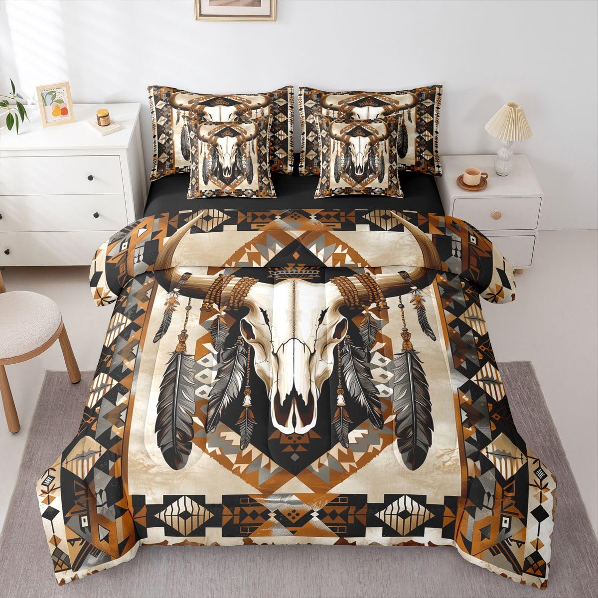 Feelyou Bull Skull Comforter Set with Sheets 7 Piece Queen Western Feather Print Bedding Set for Kids Boys Girls Native Feather Bed in a Bag Cowhide Pattern Room Decor Tribal Skull Soft Lightweight