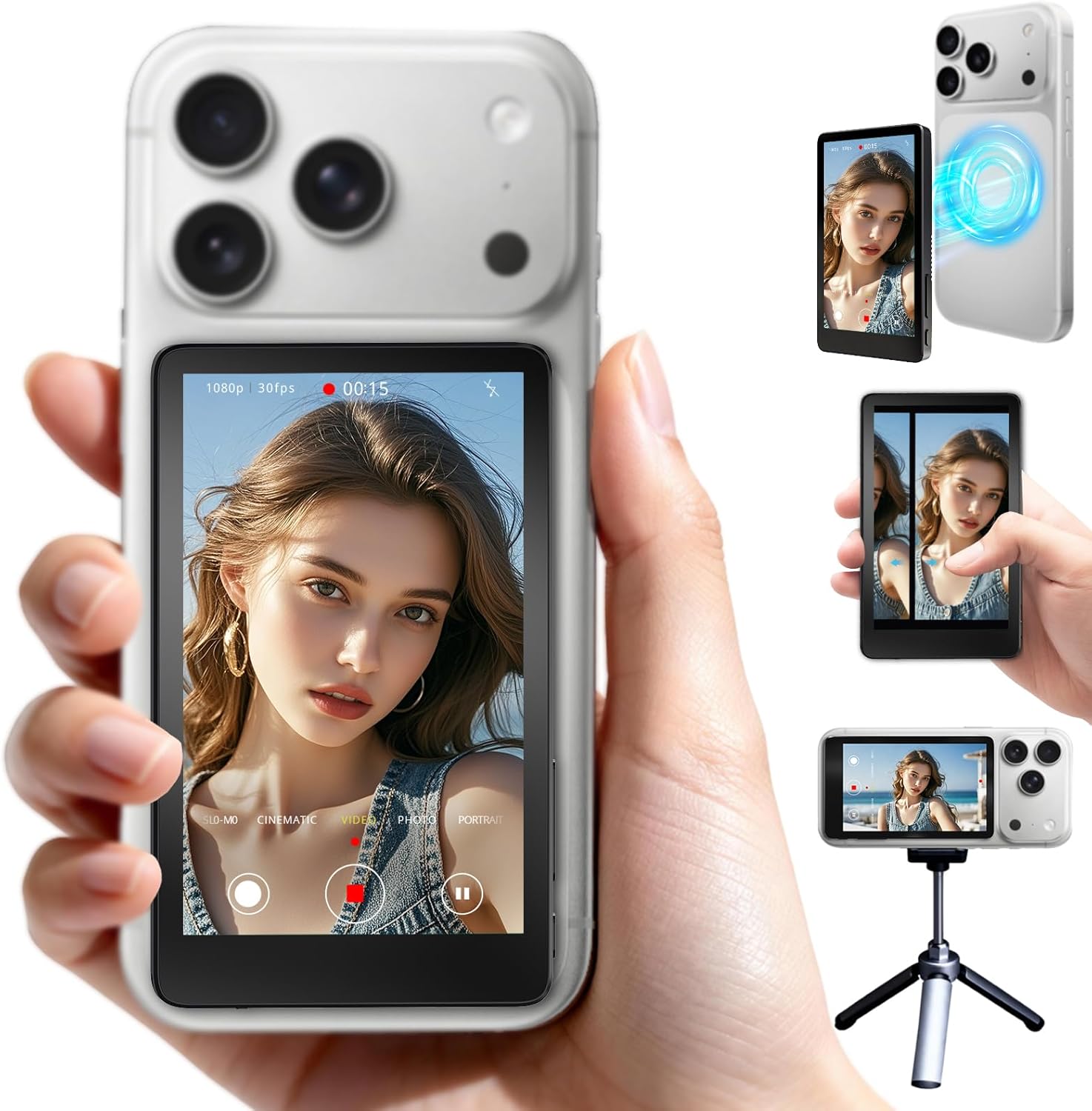 Vlog Selfie Monitor Screen for iPhone with Touch Screen, Reverse Control & Speaker, Magnetic 4K Back Camera Monitor, Phone Second Screen for Real-Time Vlogging, TikTok, YouTube, Live Stream & Reels