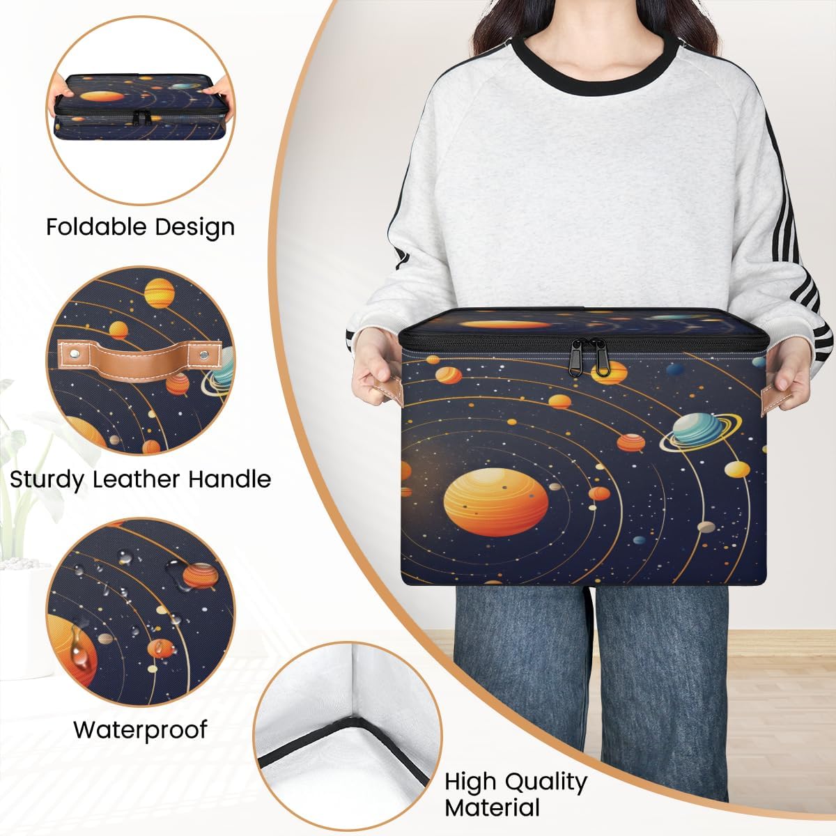Storage Bin Set of 2 Galaxy Planet Storage Basket with Zipper Lid & Handle Foldable Closet Shelf 2 Pack Cloth Organizer Basket Cube Bins Clothes Organizer for Bedroom, Nursery