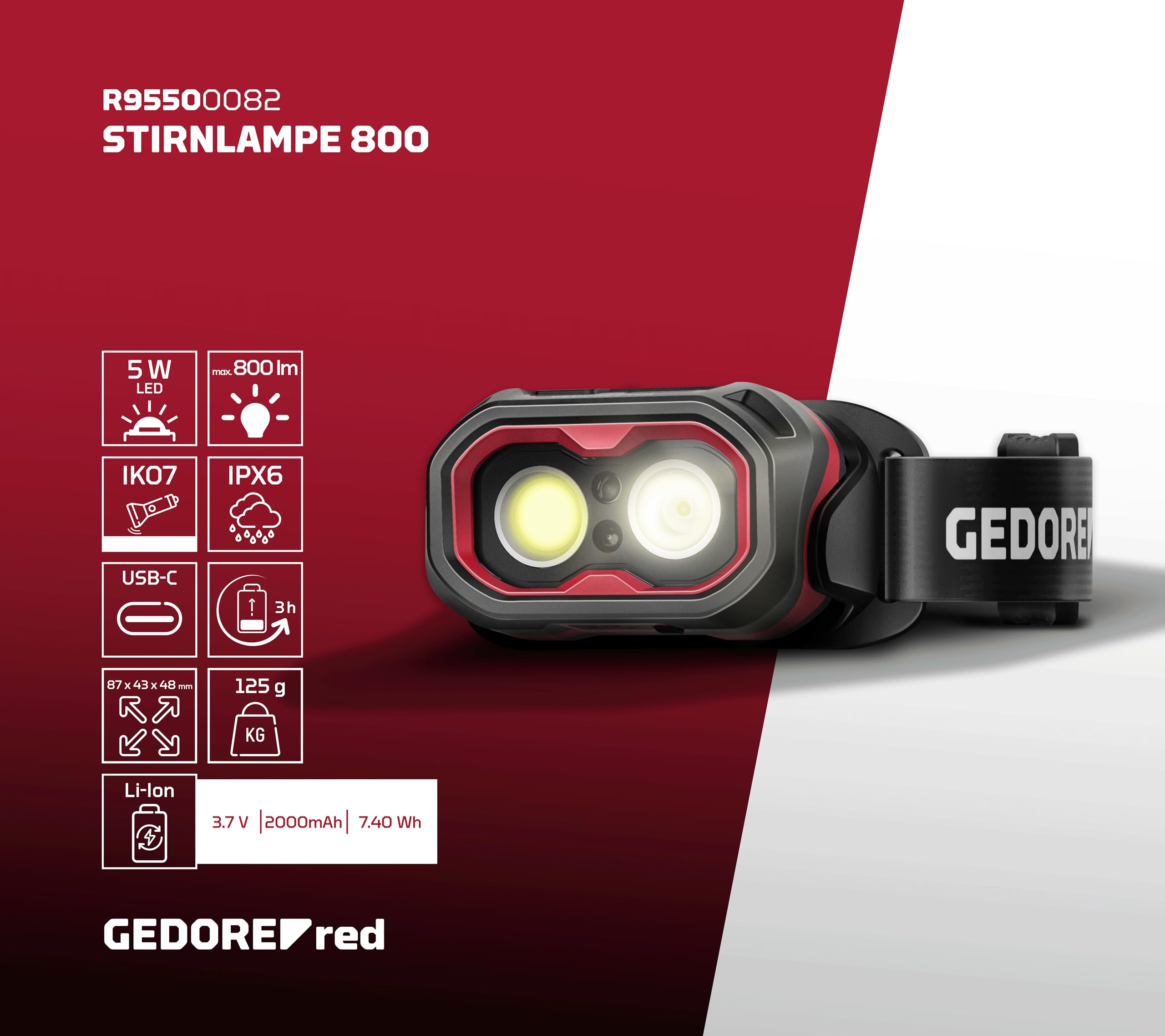 Gedore Red LED Headlamp Rechargeable with Li-ion Battery, 800 Lumen, Focused and Infinitely Dimmable, Up to 69 m Light Range, Red Light, IPX6 Protected, Outdoor Headlamp, R95500082