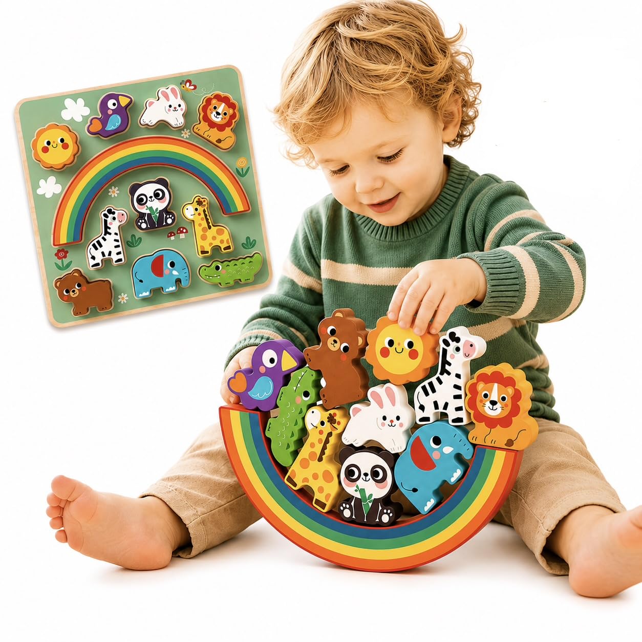 Juguete Educativo Montessori 2 en 1 de Madera para Niños Pequeños | Puzzle de Animales, Juego de Equilibrio y Apilamiento | Regalo 2 3 4 Años para Niños y Niñas
