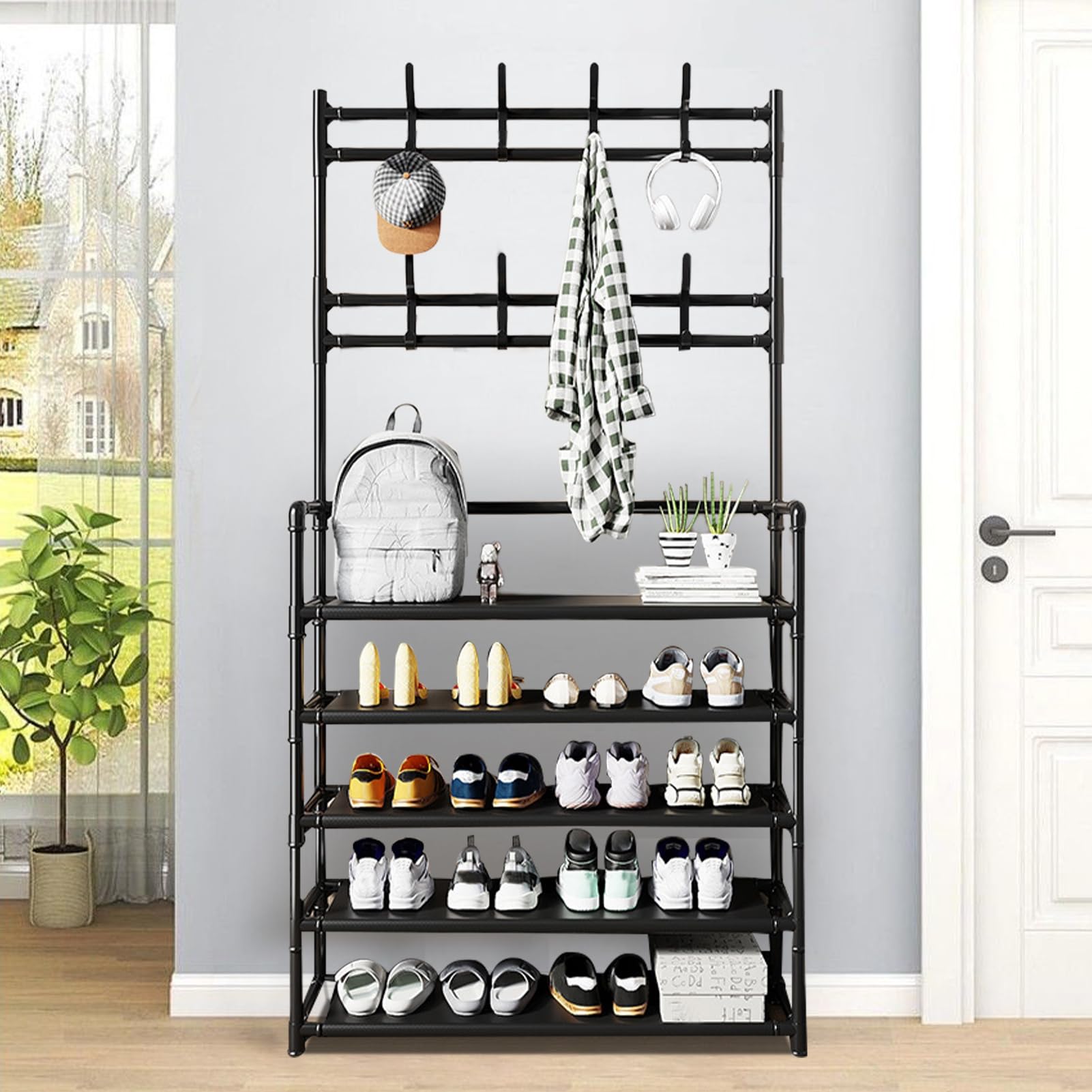 Joukares Black Multi-Functional Shoe Rack, Free Standing 5-Tier Organizer With Hat And Coat Hooks, Large Capacity Storage Stand For Entryway, Bedroom, Or Hallway