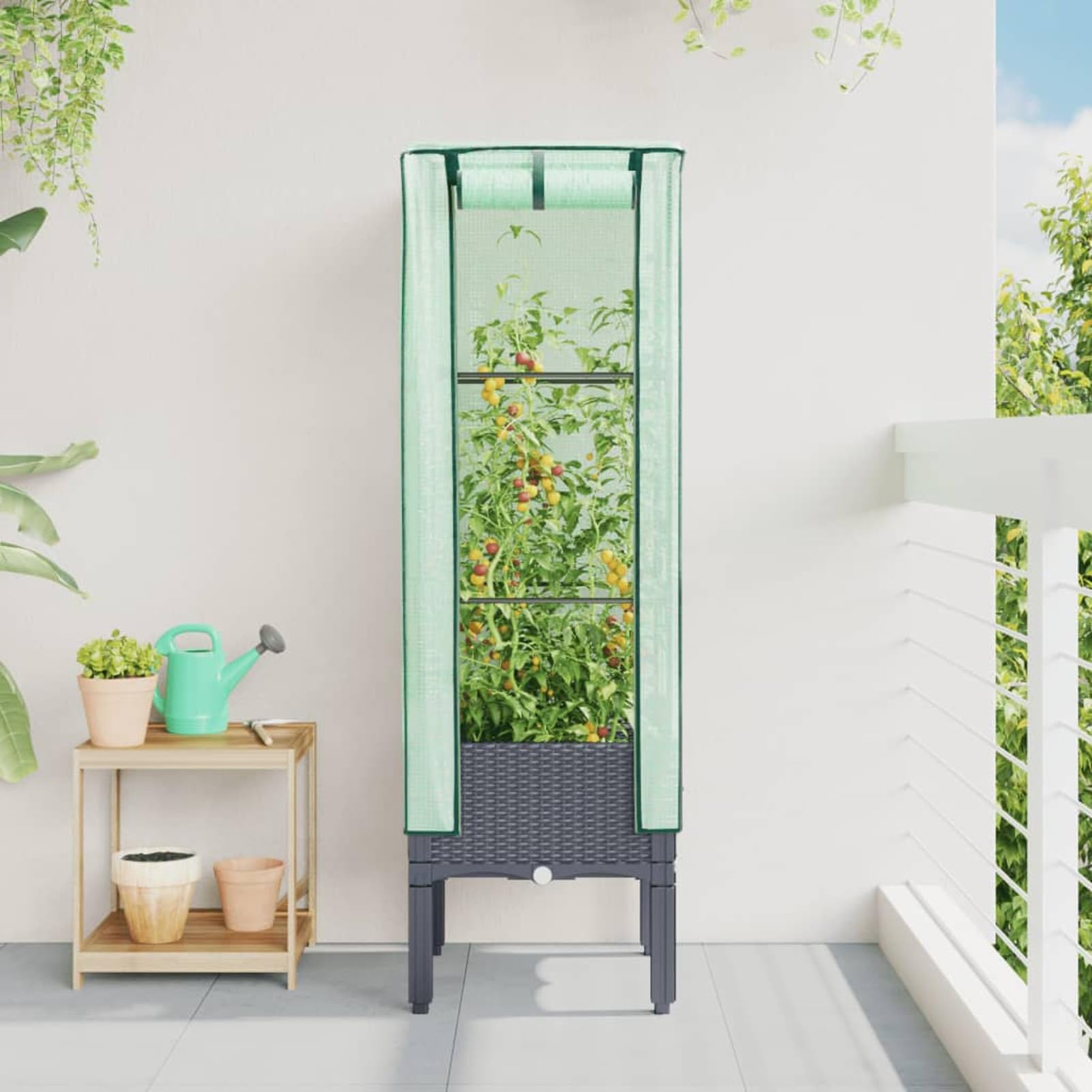Homgoday Bancal alto con accesorio de invernadero, jardinera, jardinera, jardinera, jardinera, jardinera, para balcón, jardín, terraza, aspecto de ratán, 40 x 40 x 140 cm, azul y gris