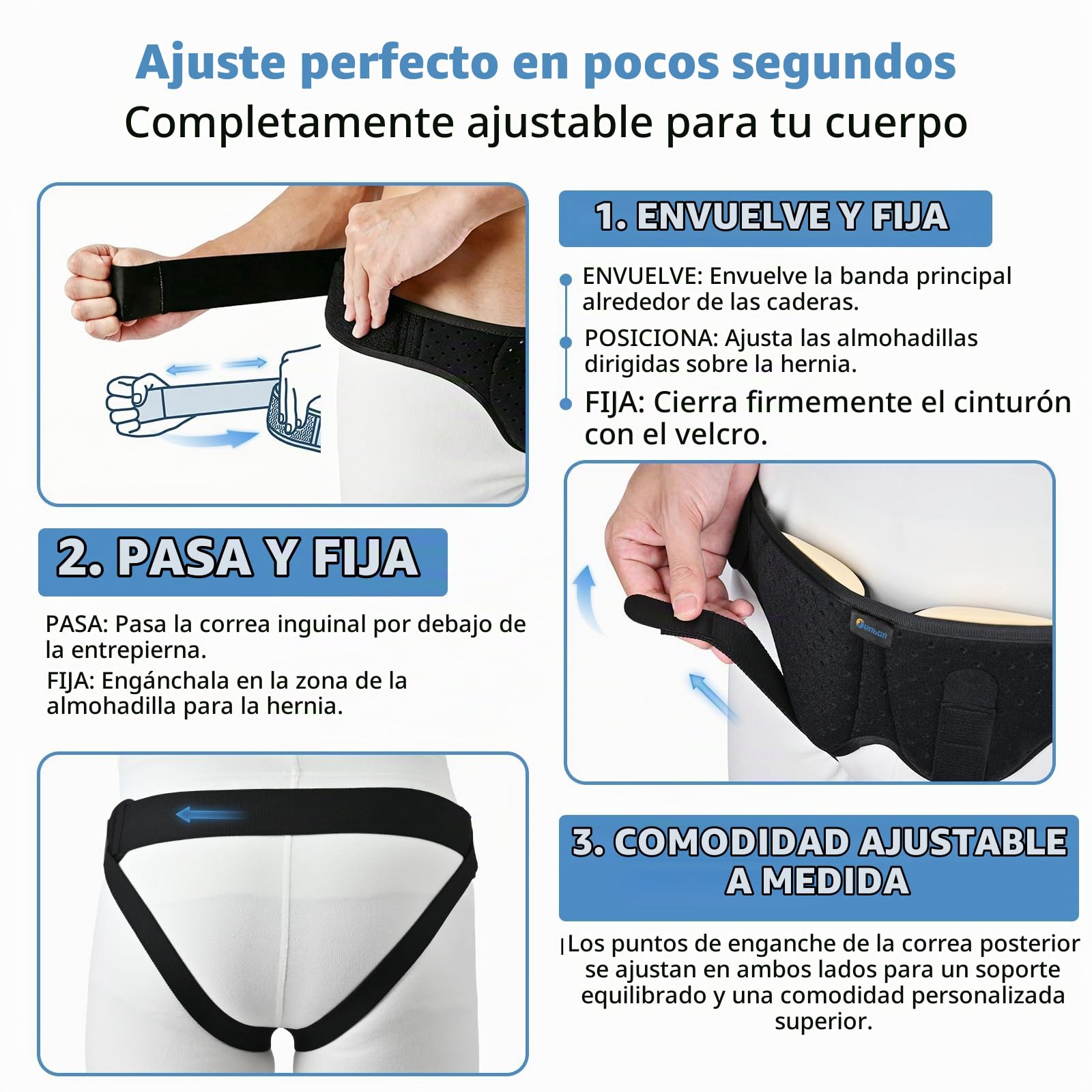 Tenbon Cinturón Soporte Hernia Inguinal Hombre Mujer - Braguero Postoperatorio/Preoperatorio Universal con Almohadillas Extraíbles, Alivia Dolor Ingle Izquierdo/Derecho, Correa Ajustable (Large)