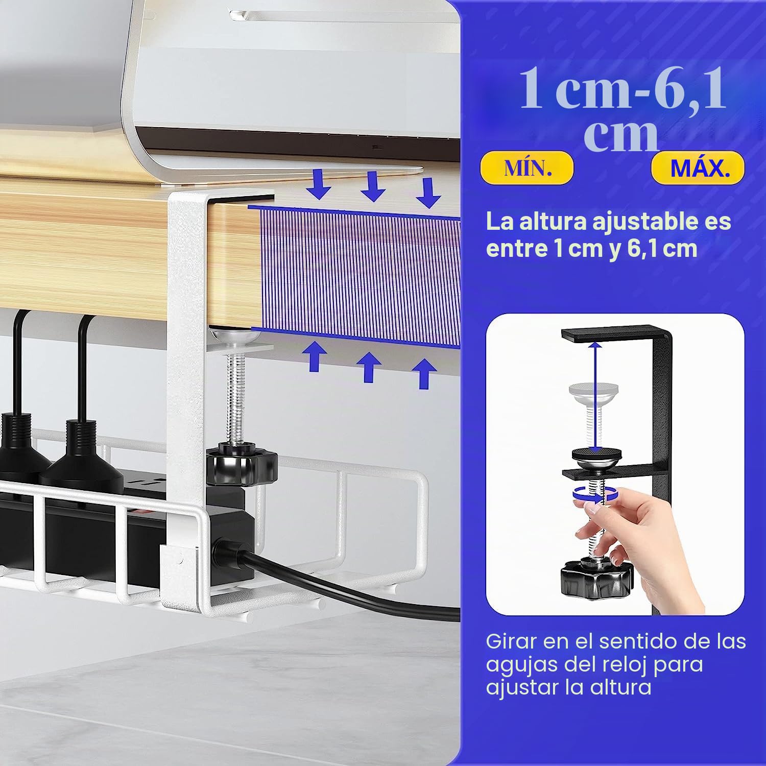 Sin perforación Bandeja De GestióN De Cables Debajo Abrazadera De Brazo Adjustable Robusta Bandeja De GestióN De Cable hacia Adentro O hacia Afuera Blanc, 1 Paquete
