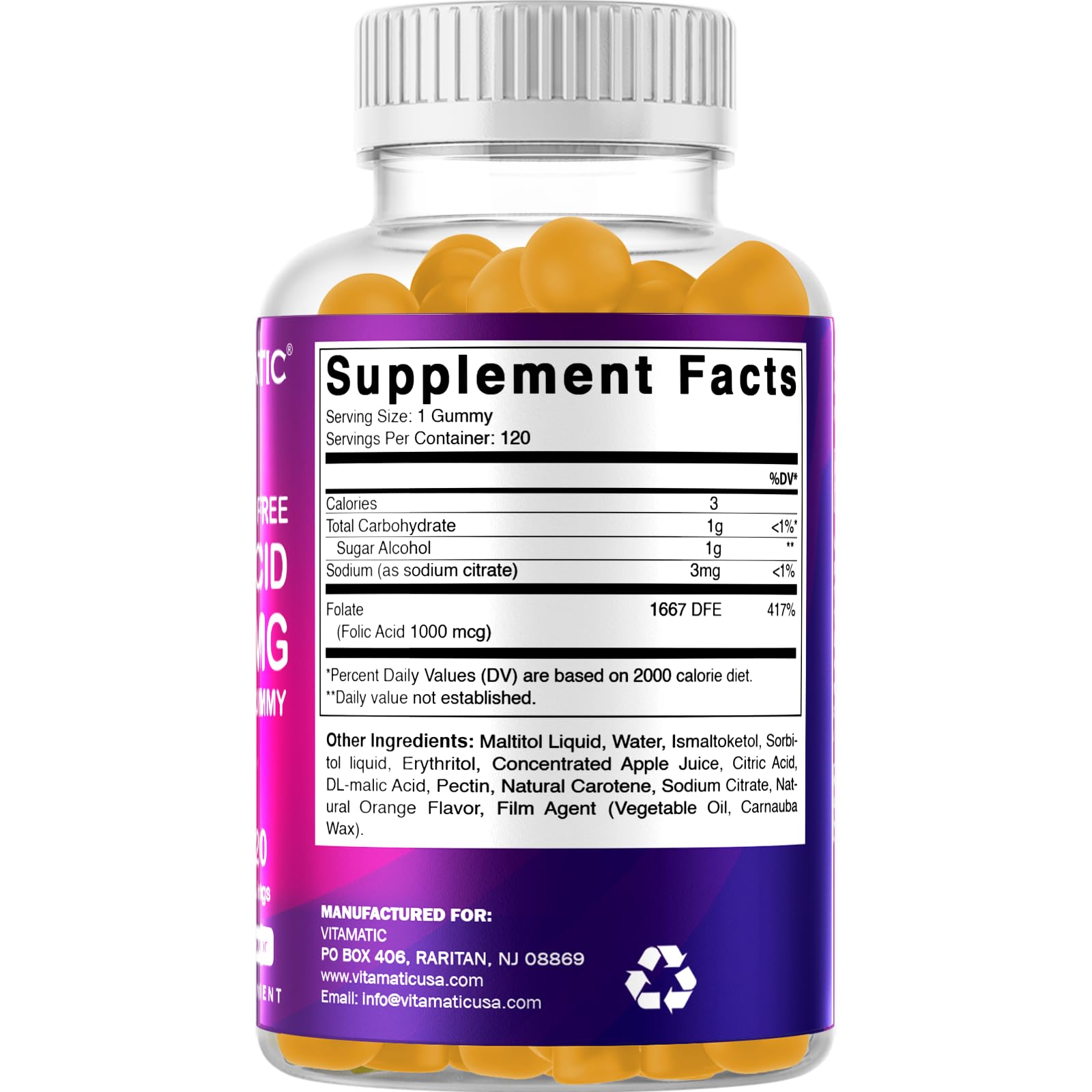 Vitamatic Sugar Free Folic Acid 1 mg Gummies 120 Count Orange Flavor-2 Pack — Amazon image 8