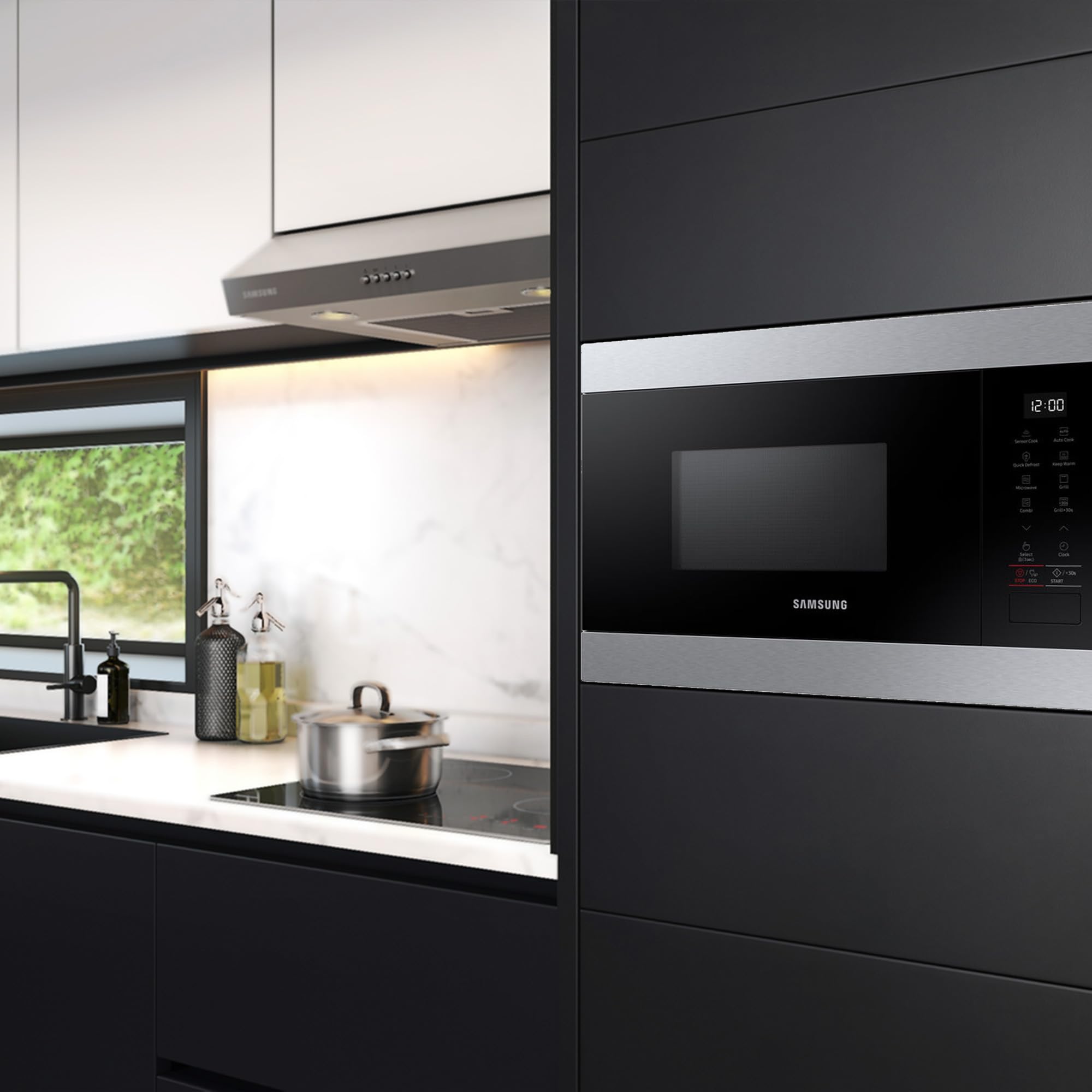 Samsung MG22M8274AT/E1 Einbau-Mikrowelle mit Grill, 850 W, 22 l Garraum, Kleines Mikrowellengerät für 38 cm Nischen, Warmhaltefunktion, Smart Sensor, Kratzfester Emaille-Innenraum, Edelstahl