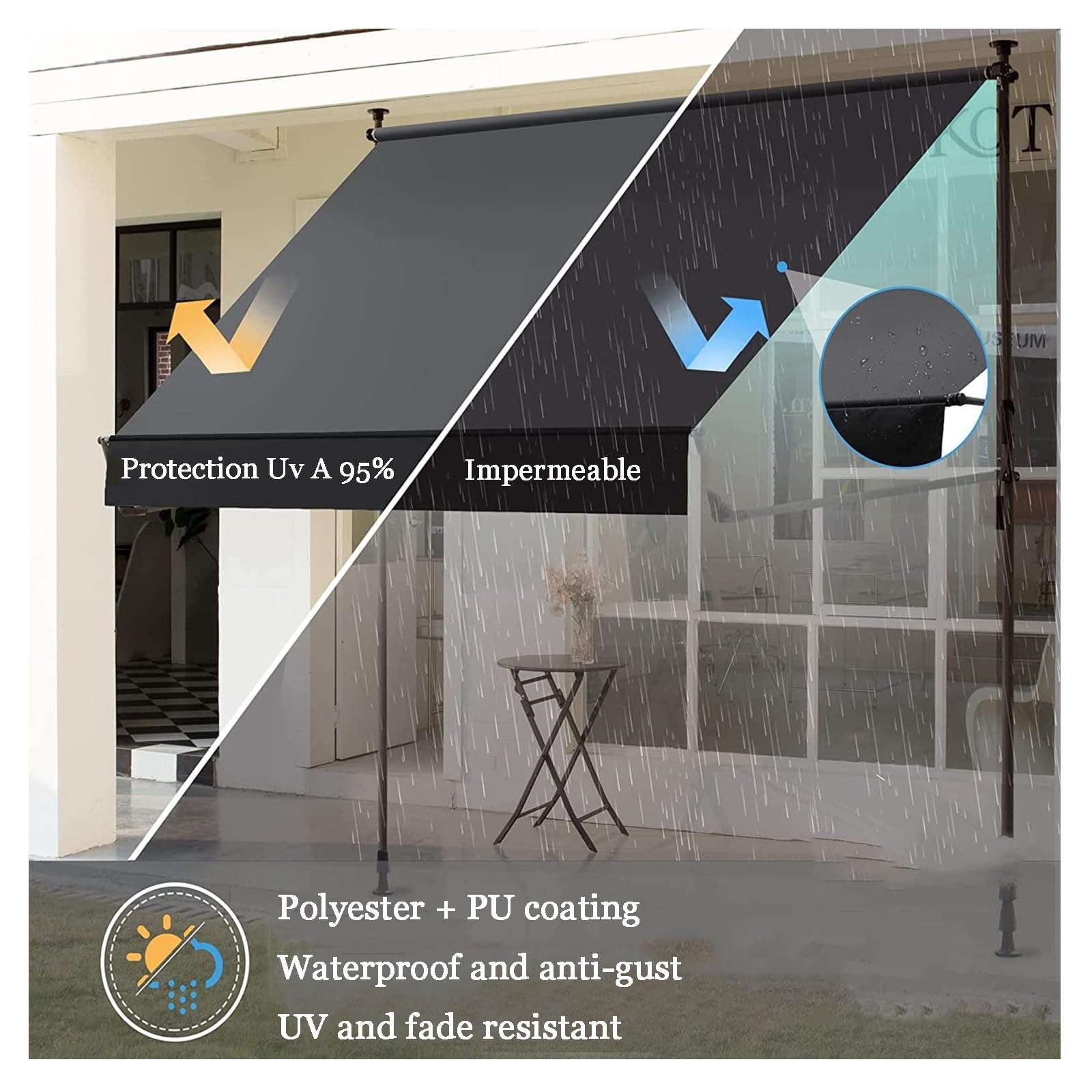 Tenda da giardino retrattile, baldacchino manuale autoportante con manovella, senza trapano, parasole per esterni per una facile installazione e protezione solare durevole