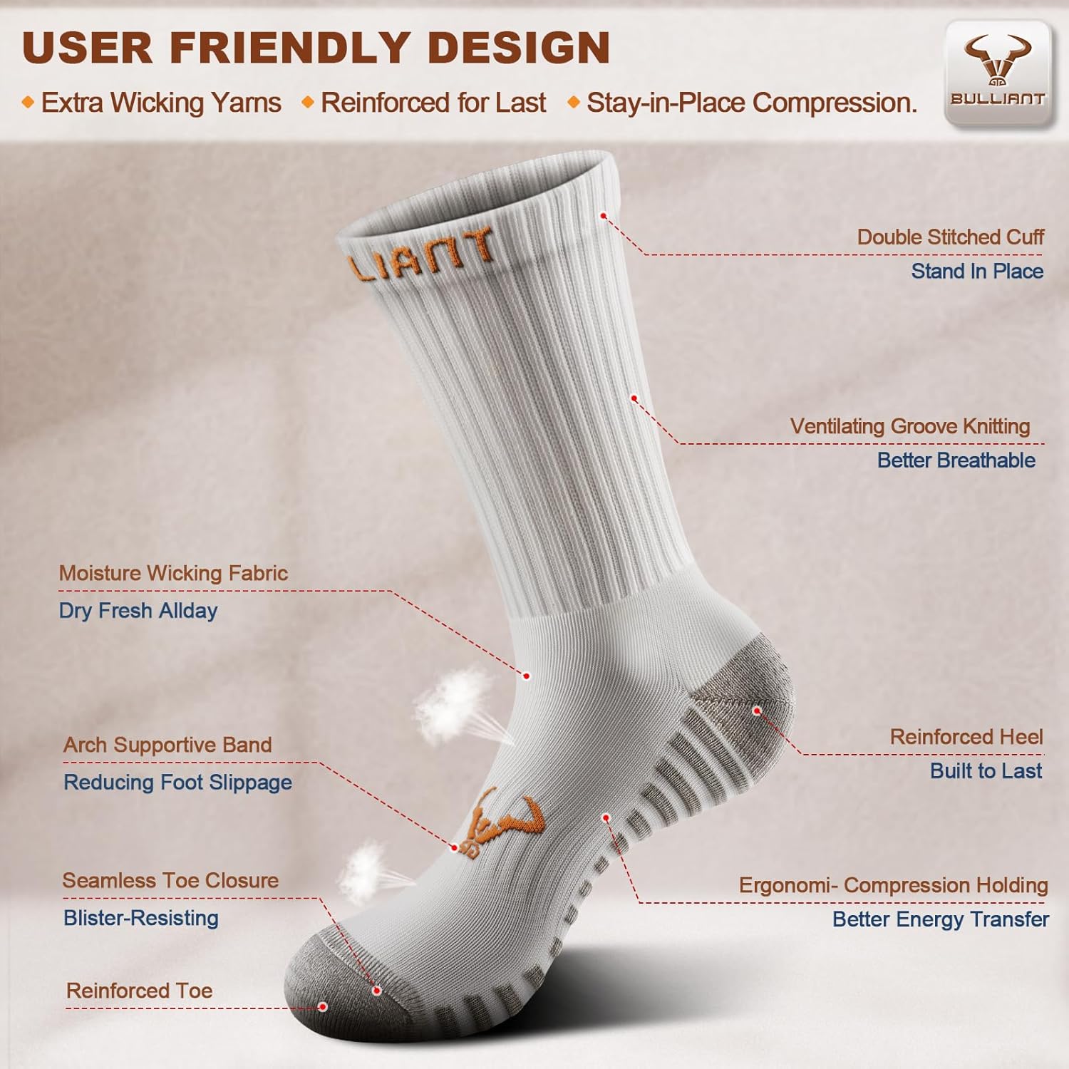 BULLIANT Men Socks,Athletic Crew Socks Compression For Men Sports Running Cushioned Footbed Non-blister Toe Brethable Wicking - Image 5