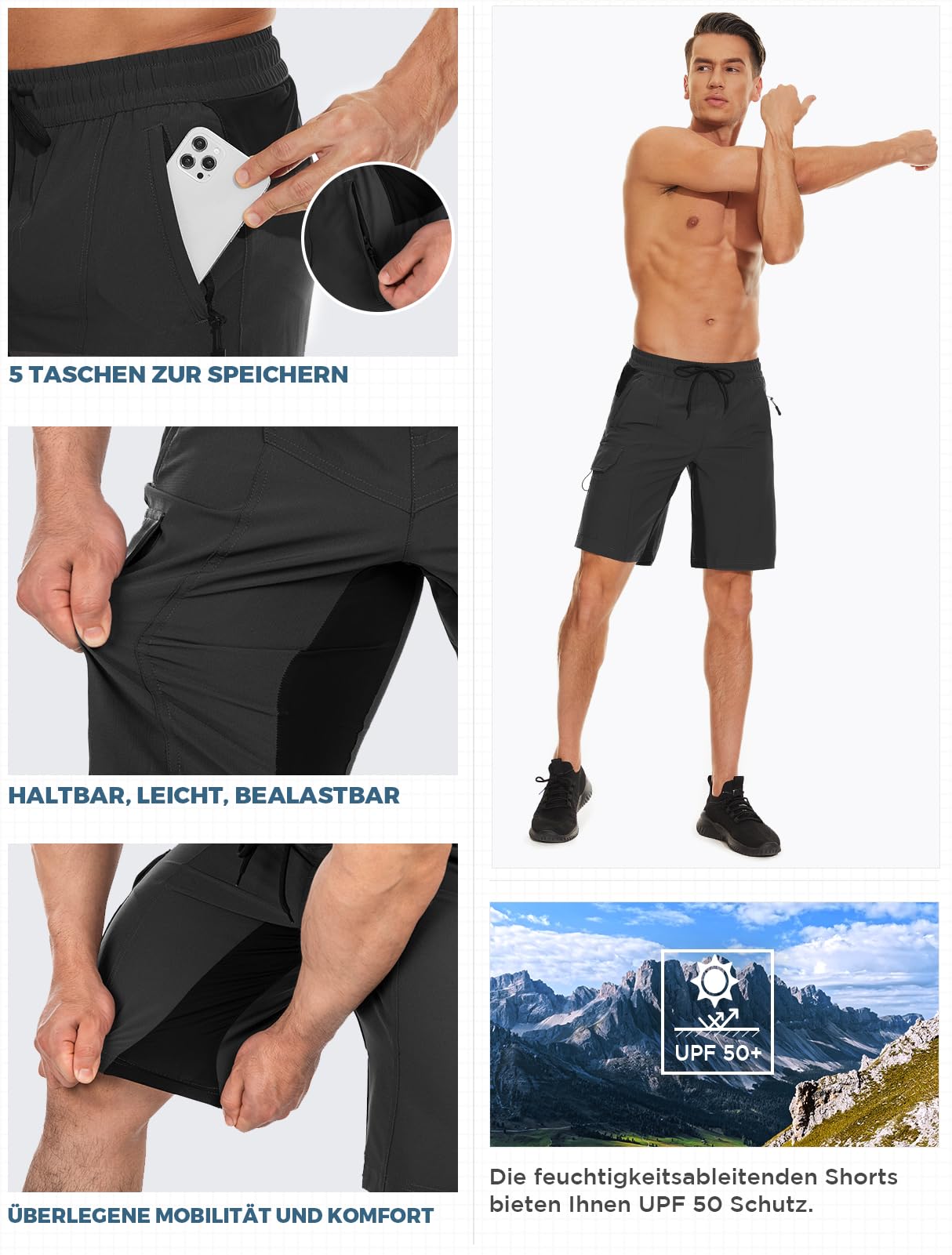Wespornow Bermuda Homme 5 Poches Sport Séchage Rapide Pantalon Court Extérieur Stretch Randonnée Trekking