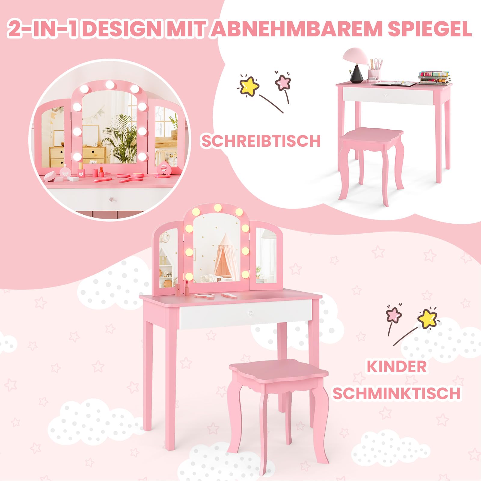 COSTWAY 2 in 1 Kinder Schminktisch mit Beleuchtung, Frisiertisch mit Schublade, klappbarem & 3 farbigem Spiegel, Prinzessinnen Kosmetiktisch mit Hocker, Schminkkommode für Mädchen ab 3 Jahren (Rosa)