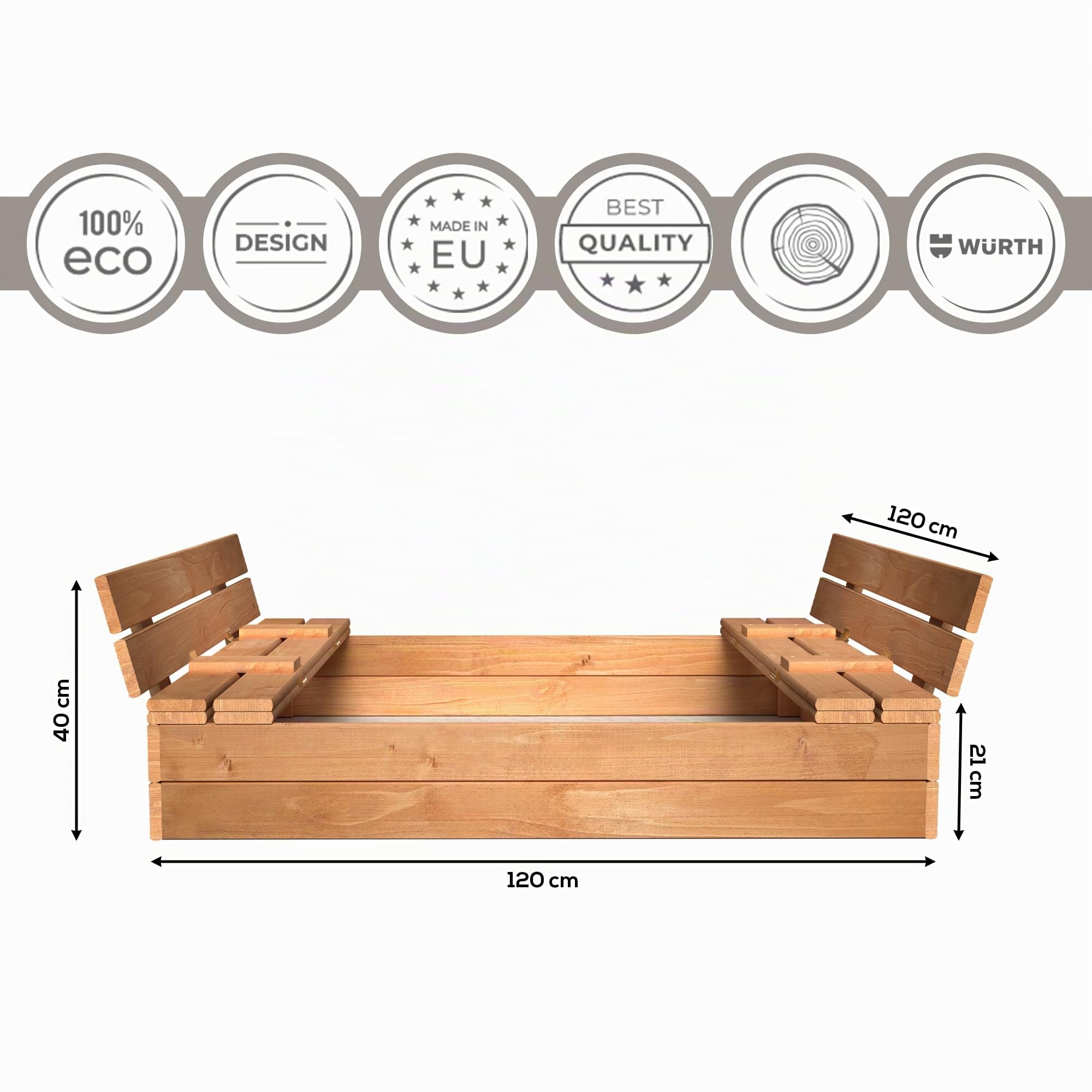 MAMOI Sandbox con coperchio 120 x 120 cm, cassetta di sabbia impregnata con panche in legno, copertura per panchine 150 x 150 cm
