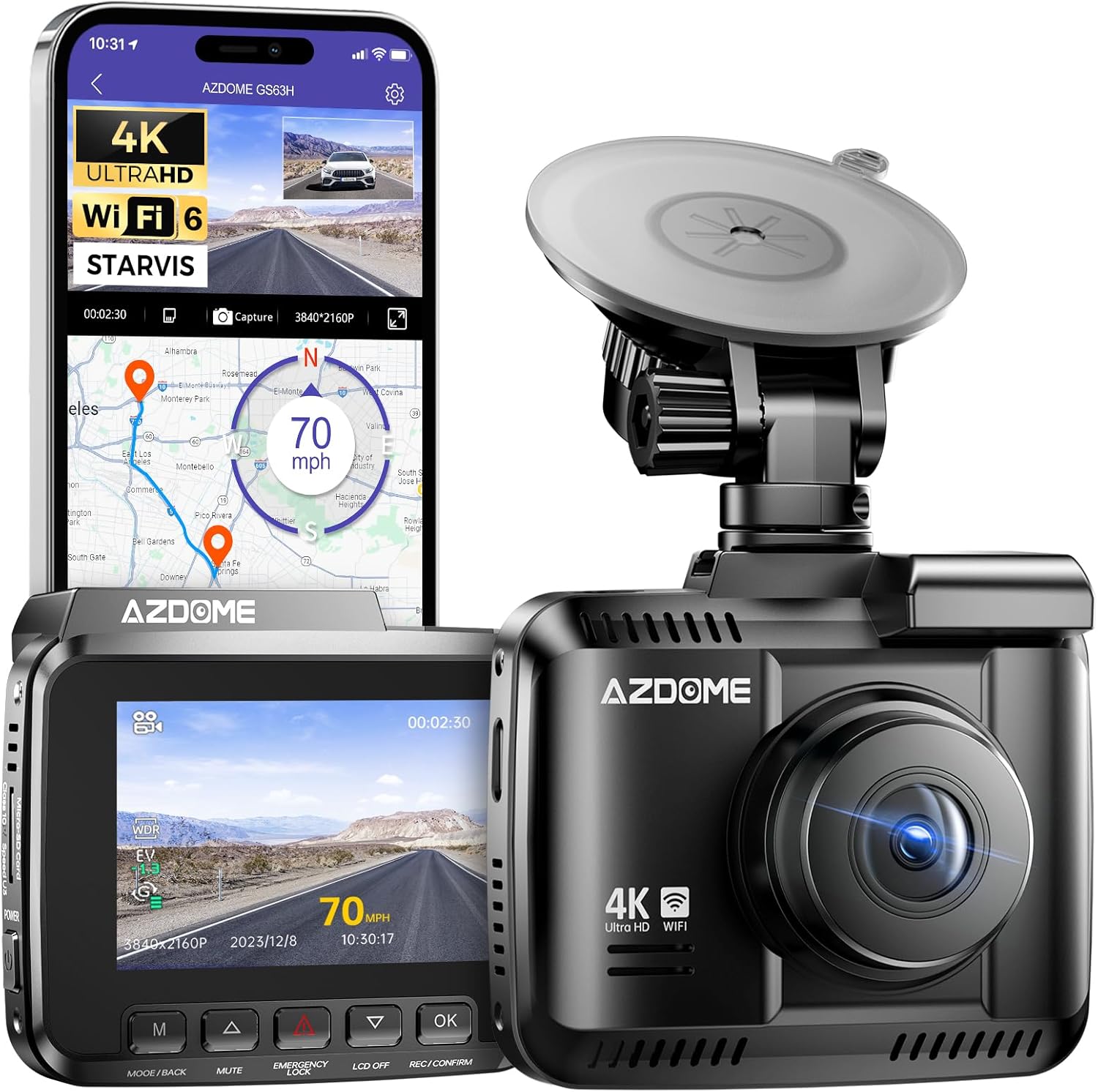 AZDOME GS63H 4K Dash Cam Built-in WiFi 6 GPS Car Dashboard Camera Recorder with STARVIS Night Vision, UHD 2160P, 150° Wide Angle, WDR, G-Sensor, Loop Recording, 24H Parking Mode