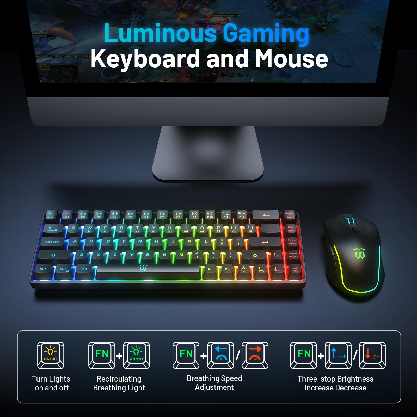 Snpurdiri - Combo de teclado y mouse para juegos 60% inalámbrico, batería recargable con retroiluminación LED de 2000 mAh, teclado de membrana pequeña pero sensación mecánica + ratones RGB populares