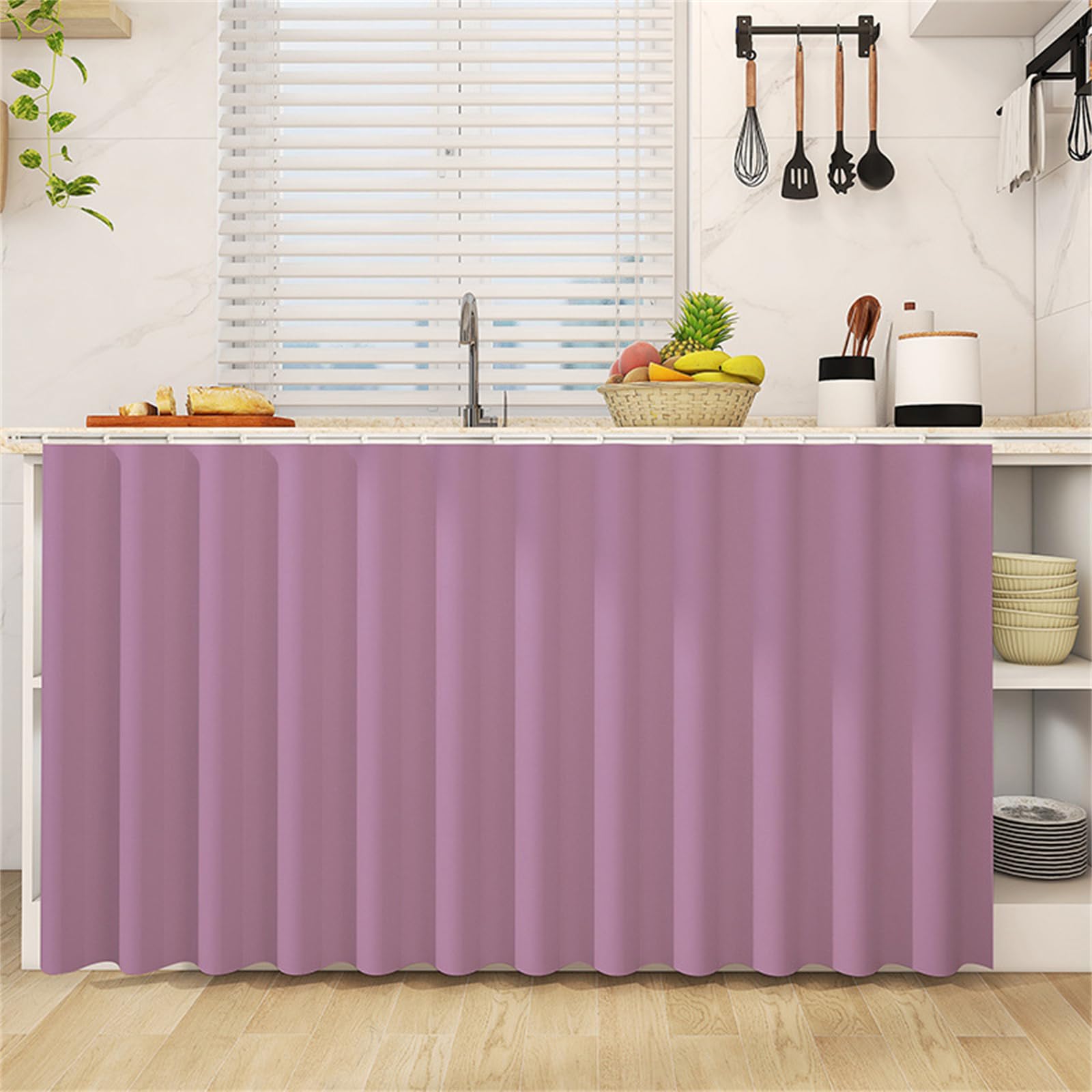 Highdi Cupboard Short Curtain Kitchen, Hide Away Small Curtains for Kitchen Cupboard Door - No Drilling Is Required with Hook and Loop for Under Sink-Solid Colour (Pink Purple,70 * 100cm)