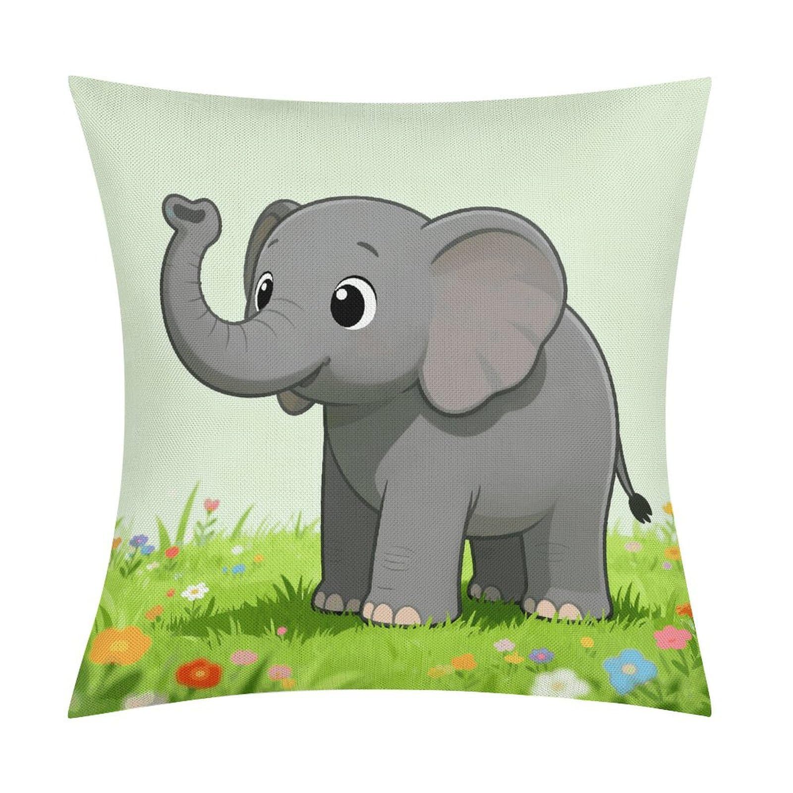 LZQPOEAS Elephant with Gray Throw Pillow Covers, Waterproof Faux Linen Pillow Cases with Invisible Zipper, Decorative Square Cushion Covers for Sofa Couch Living Room Bedroom 18x18 Inch