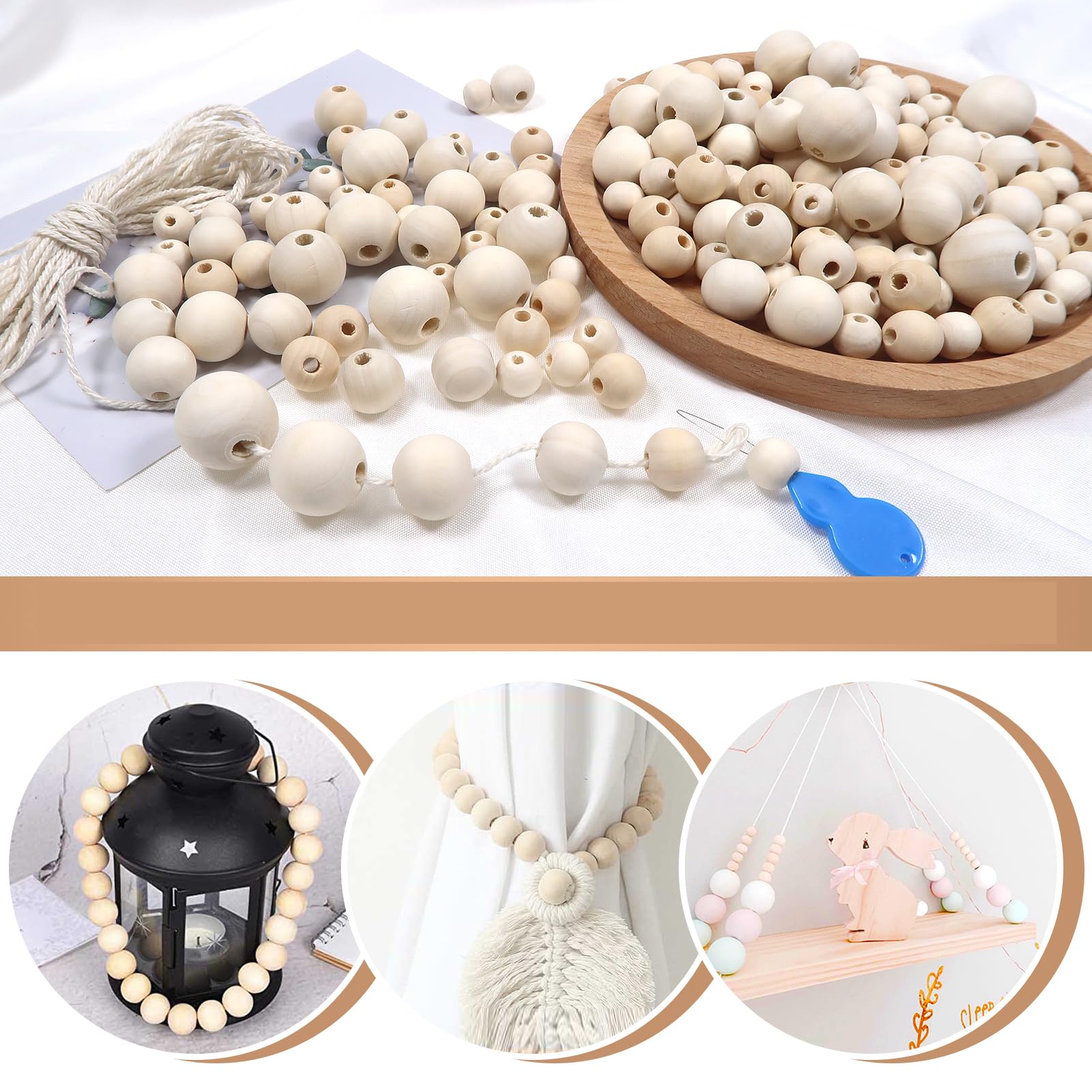 160 Perline Legno E 5m Corda Macramè - Per Braccialetti E Lavoretti Fai Da Te | 6-14mm - Foto 3