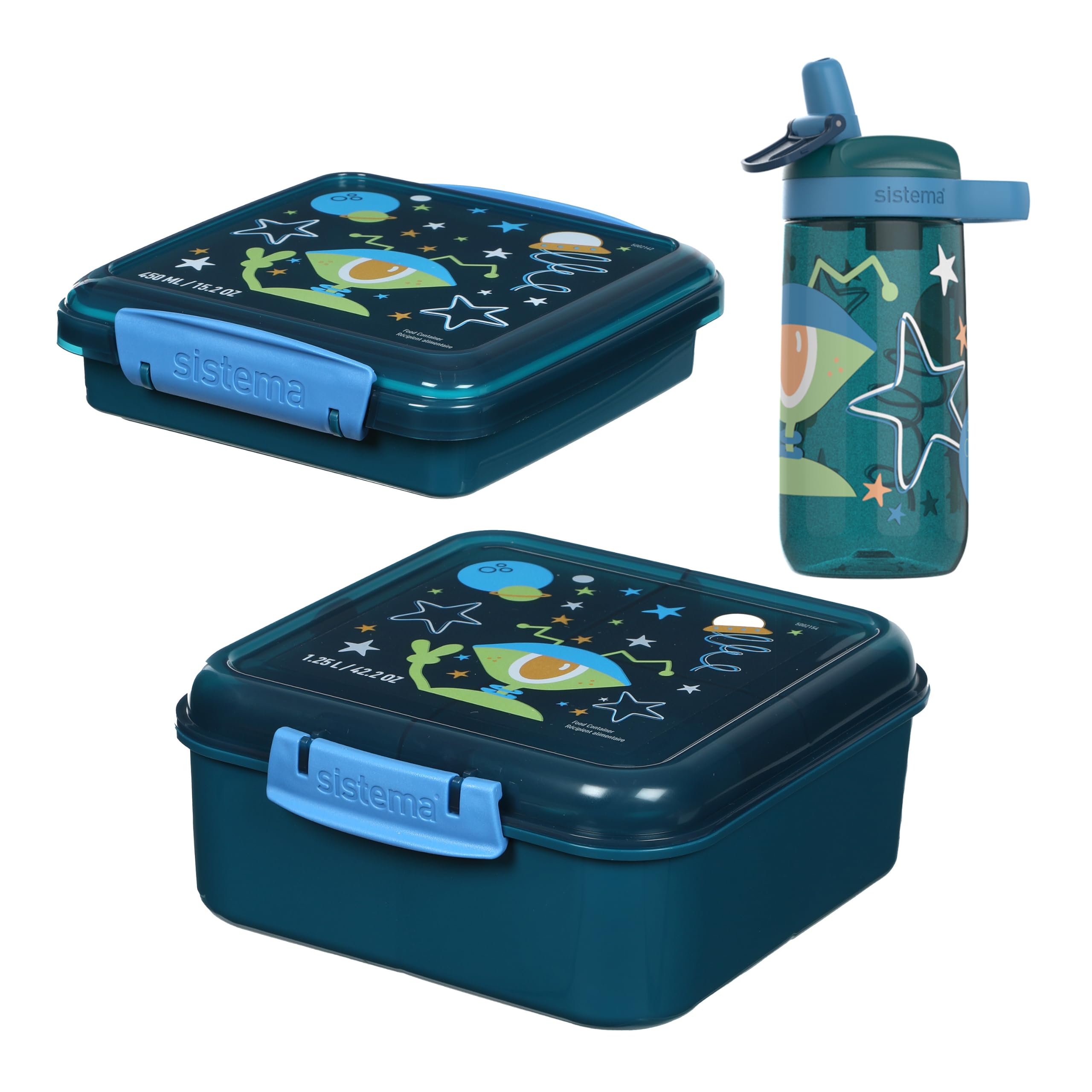 Sistema Expressions Kinder Brotdose &amp; Wasserflaschen-Set | Bento Cube (1,25L), Sandwich Box (450ml) &amp; Easy Sip Flasche (500ml) | Alien Laguna – Amazon Angebot