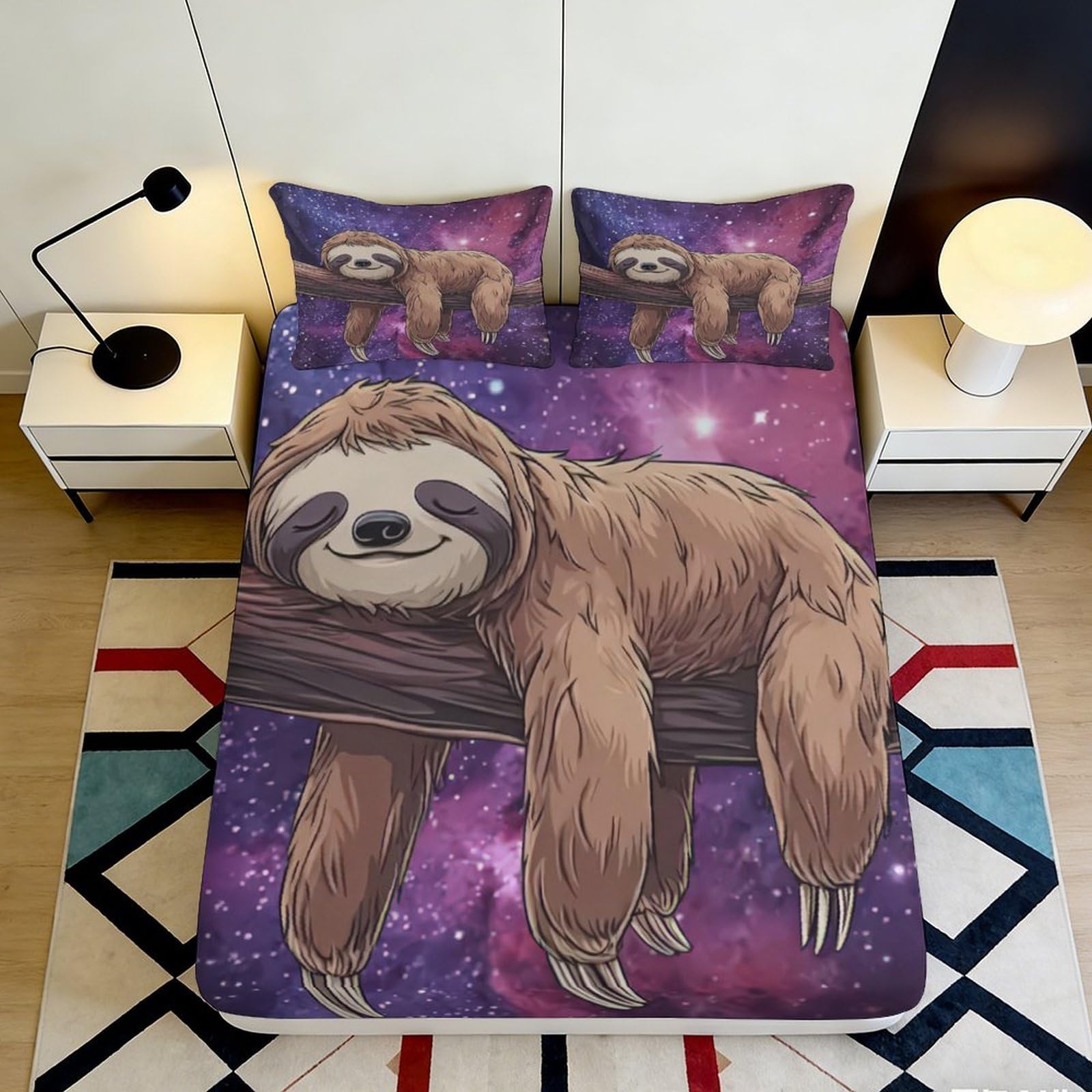 3D Printed Sloth Galaxy Fitted Sheet Microfiber Deep Pocket Bedding Set Elastic Hem Sloth Mattress Fitted Cover for Adults Teens 160x200x25cm