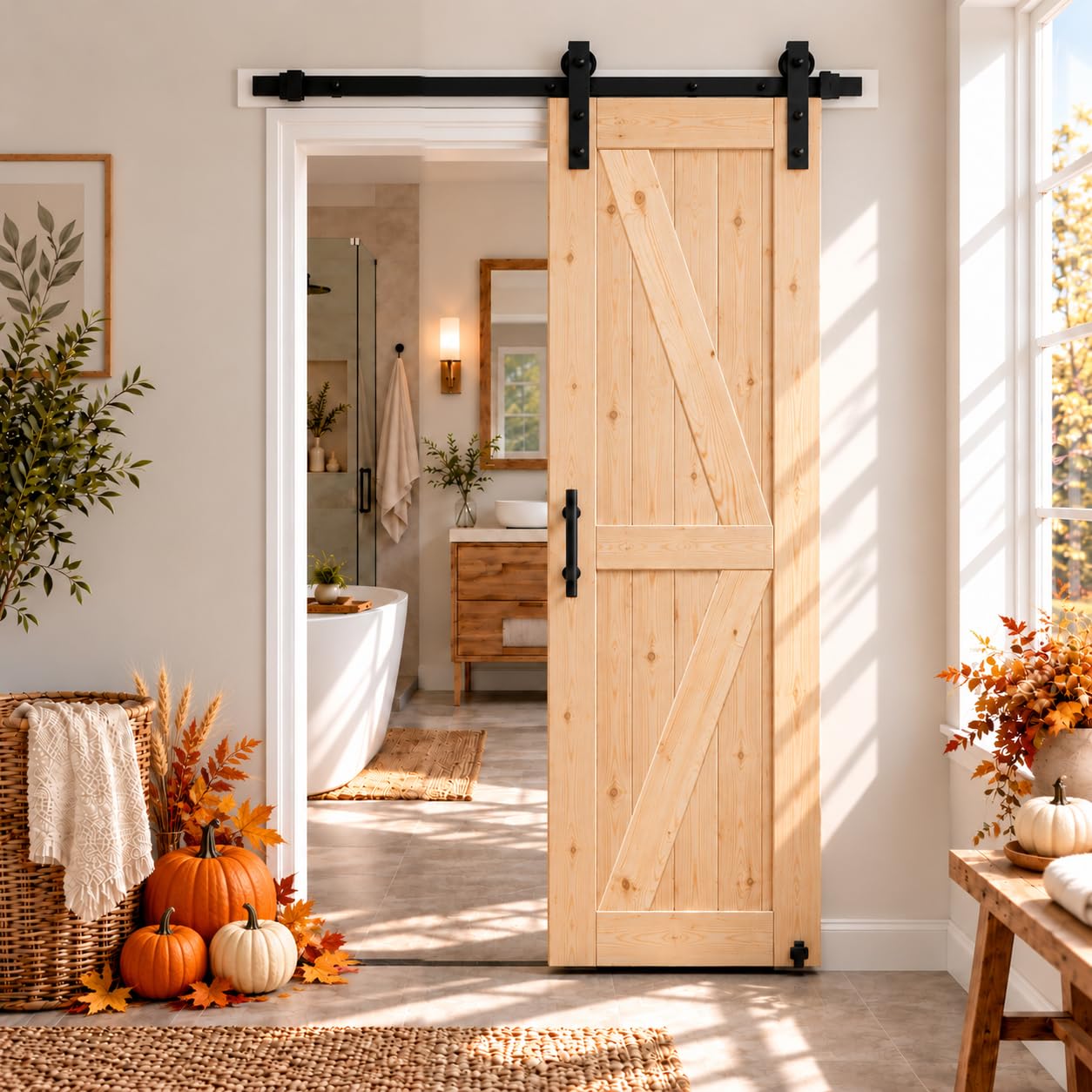 S&amp;Z TOPHAND® 20in x 84in Unfinished British Brace Knotty Barn Door with Sliding Door Hardware Kit/Solid Wood/Sliding/Double Surfaces/A Simple Assembly is Required