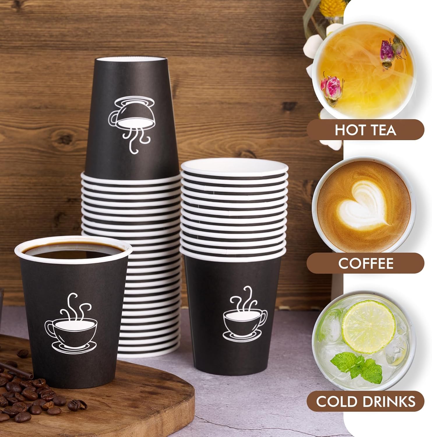 TV TOPVALUE 360 Pack 8 oz Paper Coffee Cups, Disposable Black Paper Cups for Hot Beverage, Drinking Water, Used for Cafes, Offices and Events