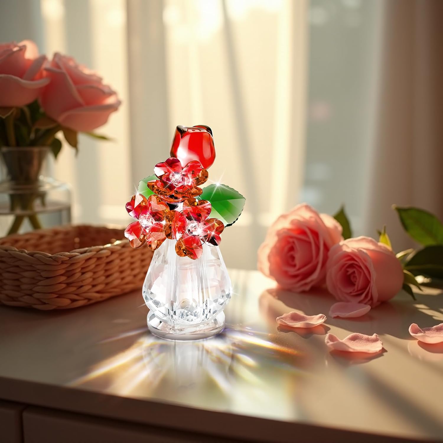 Crystal Rose Flower for Mom, Crystal Flowers Bouquet Figurine Ornament for Wife/Girl Friend Present, Glass Flowers Home Decor Office Table Decoration (Red) - Image 3