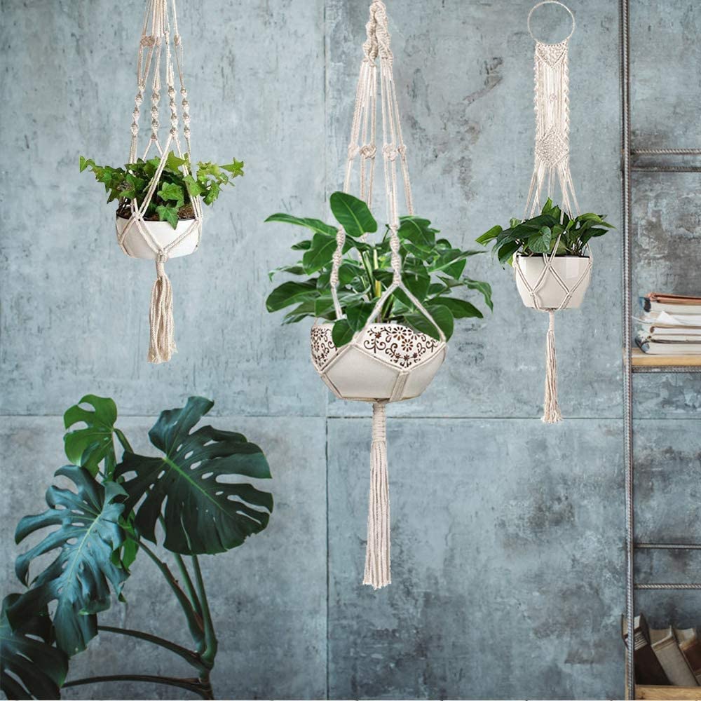 Wagon Brand | Boho Cotton Macrame Ceiling Plant Hanger Indoor Outdoor Hanging Planter Basket, Flower Pots Beautiful Design Suitable for Balcony, Dorm, Living Room, Off-White, Pack of 3, Style-32 (B0CHHQ747J) Amazon Price History, Amazon Price Tracker
