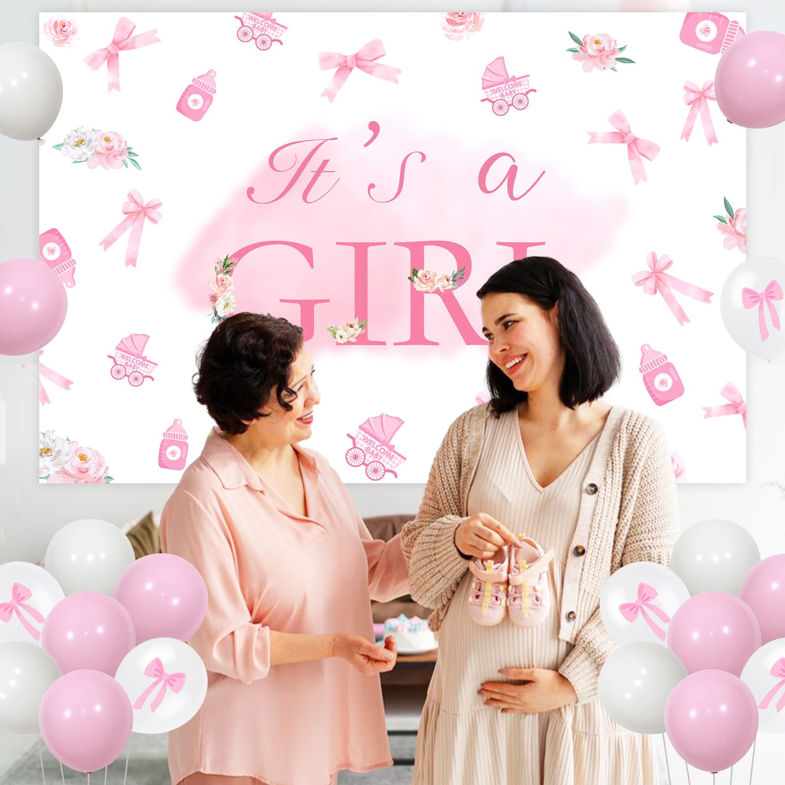 Jollyboom Pink Bow Baby Shower Decorations for Girl Its a Girl Backdrop Balloon Garland Kit for Pink Bow Baby Shower Oh Baby Gender Reveal Party Decorations - Image 4