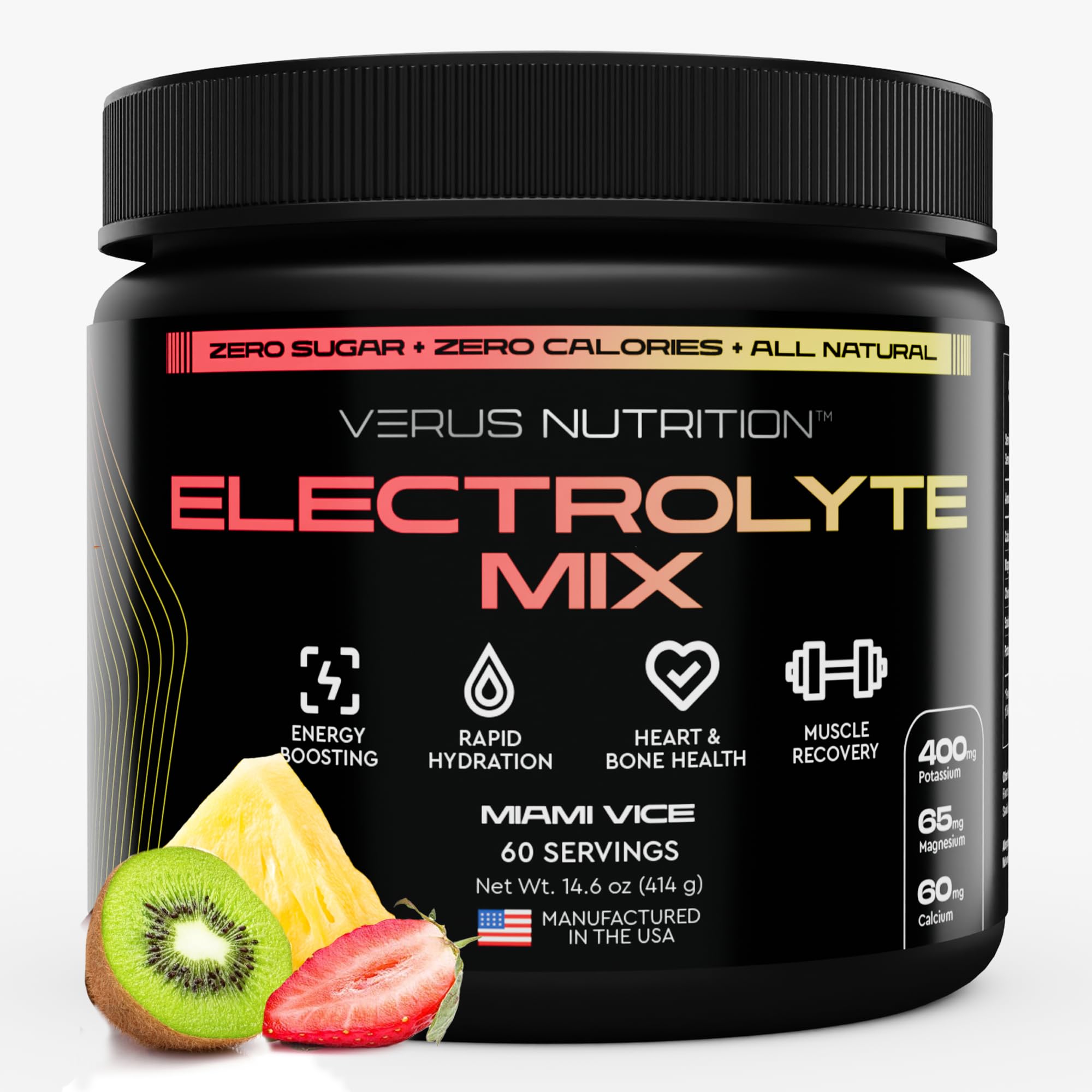 Polvo de electrolitos VERUS NUTRITION sin azúcar - Hidratación sin calorías | Electrolitos sin azúcar para ayuno, dieta cetogénica y vegana | Mezcla de electrolitos con ingredientes naturales para un aumento de energía, 60 porciones