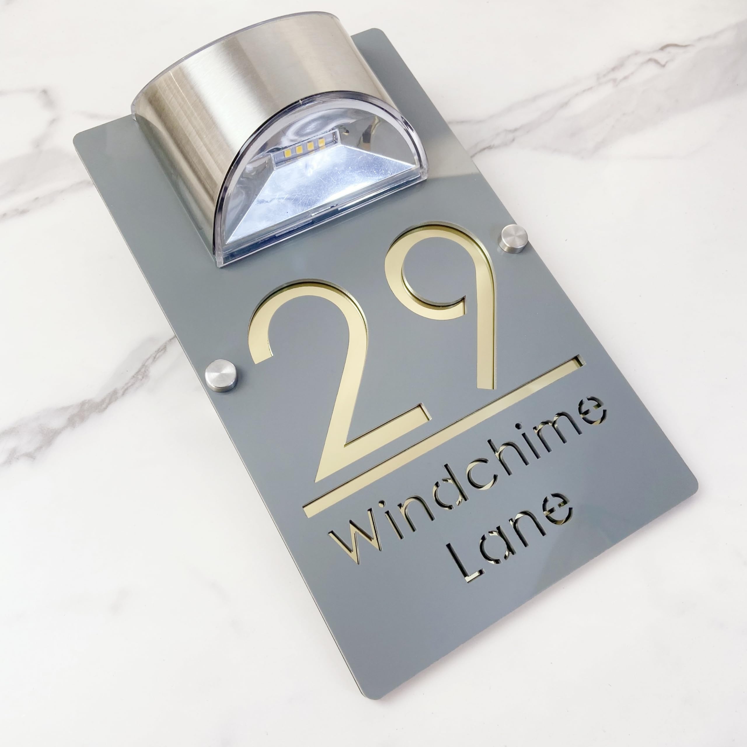 Solar Powered LED House Number Sign – Personalised Illuminated Door Plaque with Laser Engraving – Auto ON at Night – Waterproof Acrylic Address Plate for Home Wall or Gate (Gray gold)