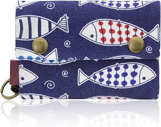 WisePoint Women's Trifold Canvas Wallet with Keyring - Cute Fish Design, 16 Card Slots, Zipper Coin Pockets for Cash & Cards