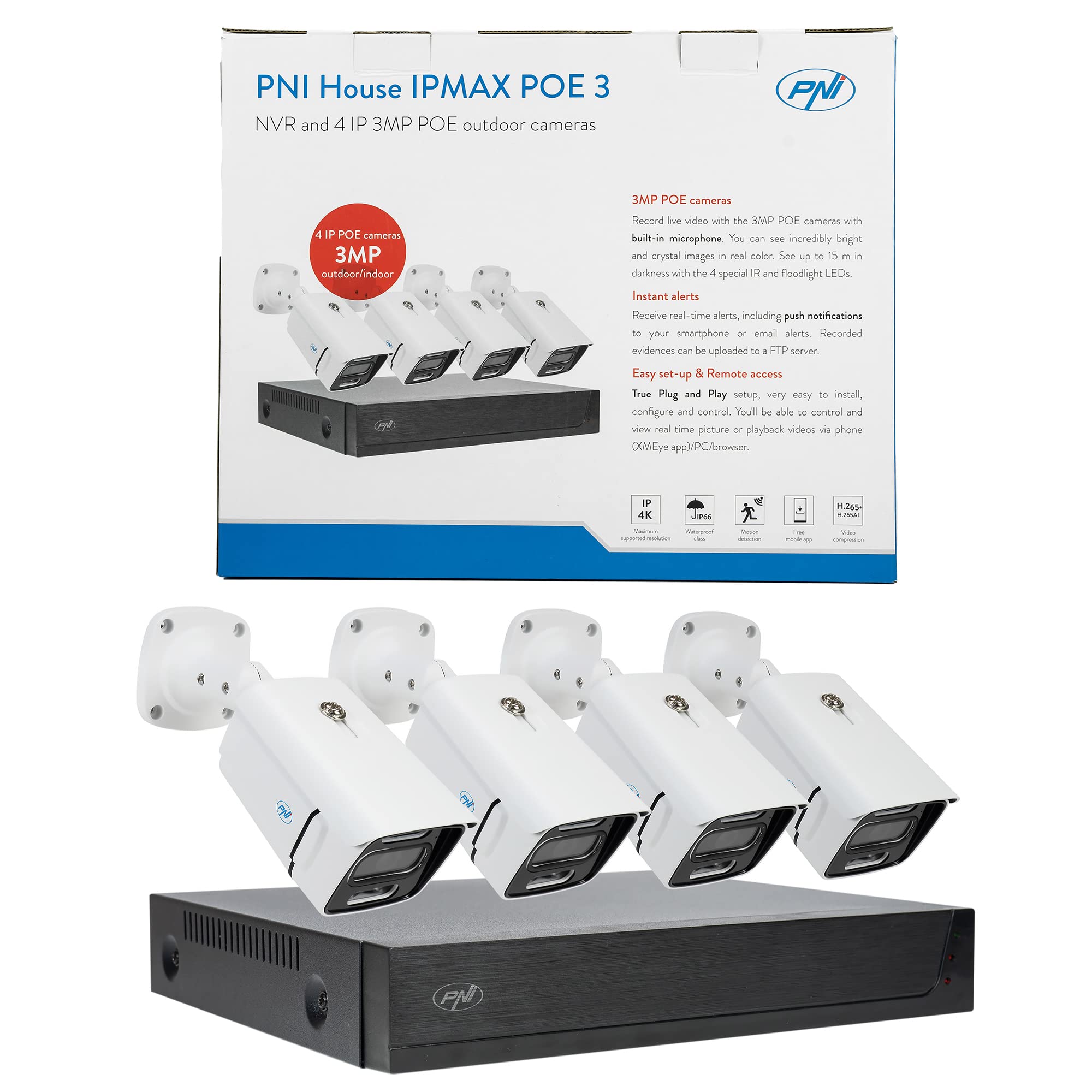 Kit videosorveglianza PNI House IPMAX POE 3, NVR con 4 porte POE, 4 telecamere 3MP, esterno, Power over Ethernet, rilevamento volti