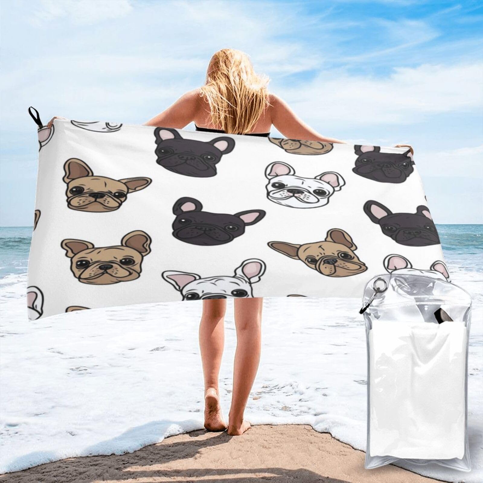 Anceky Seamless Pattern of French Bulldog Faces Quick Dry Microfiber Travel Towel with Carry Case and Carabiner 27.5"X55"